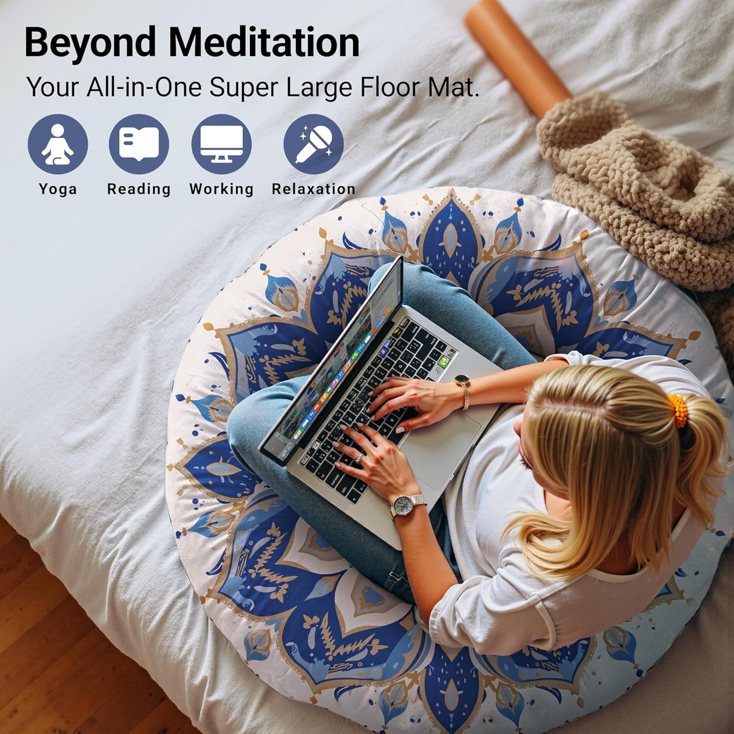 Meditations-Bodenkissen, rundes Sitzkissen mit waschbarem und abnehmbarem Bezug, 80 cm großes ergonomisches Yogakissen mit Pompon-Dekor, für den Innen- und Außenbereich, Marineblau – Bild 6