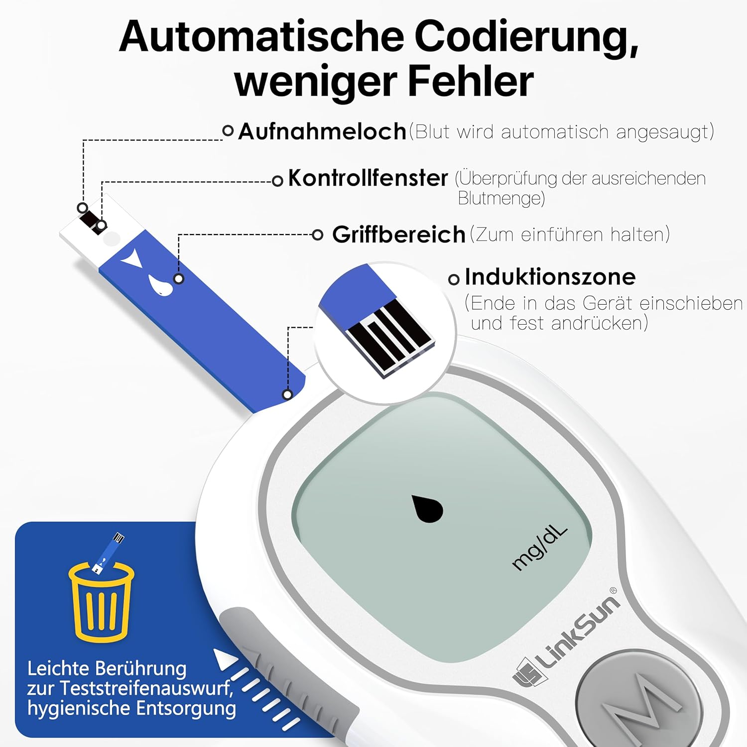 LinkSun G-425-3 Blutzuckermessgerät-Set (mg/dl) mit 100 Teststreifen, 100 Lanzetten, Stechhilfe, Glukosekontrolllösung, codefrei, mg/dl und mmol/l – Bild 4