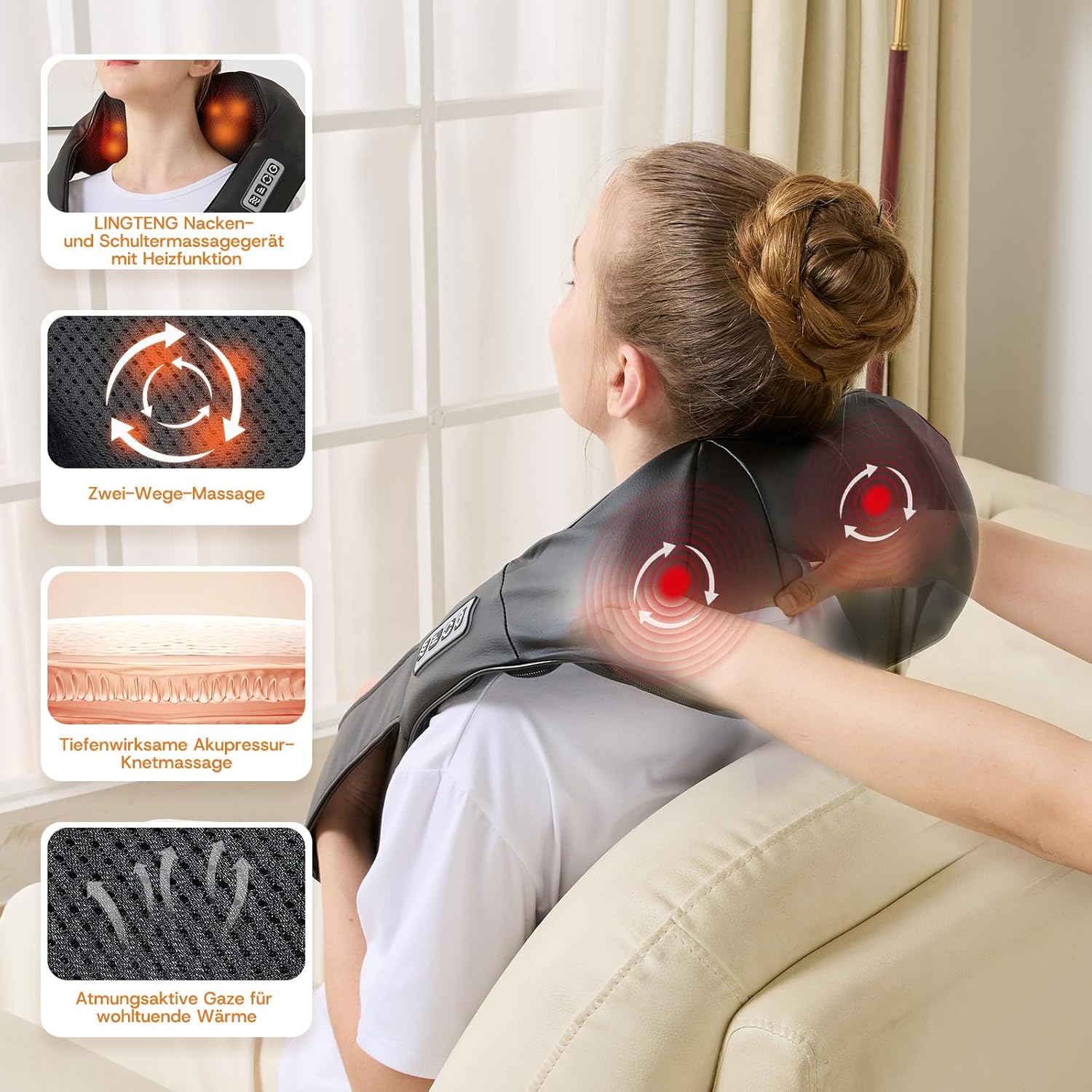 LAOBEN Deep Tissue Shiatsu Nackenmassagegerät mit Thermostatfunktion, elektrisches Massagegerät für Nacken, Schulter, Rücken, Muskeln, Schmerzlinderung zu Hause, im Büro und im Auto – Bild 5