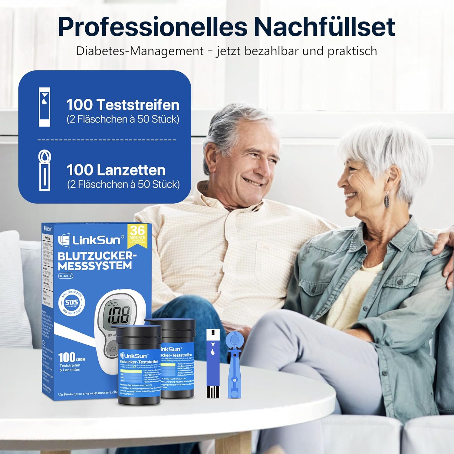 LinkSun G-425-3 Blutzuckermessgerät-Set (mg/dl) mit 100 Teststreifen, 100 Lanzetten, Stechhilfe, Glukosekontrolllösung, codefrei, mg/dl und mmol/l – Bild 7