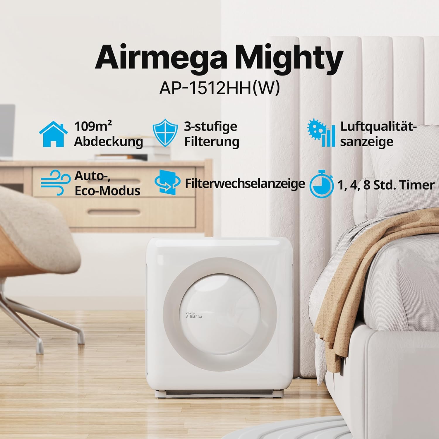 COWAY Luftreiniger für Allergiker, energiesparender Eco-Modus, entfernt 99,999 % der schädlichen Partikel bis 0,01 µm, für Allergiker (ECARF-Siegel), Staubpollen, CADR 421 m³/h, AP-1512hh Mighty (weiß) – Bild 2