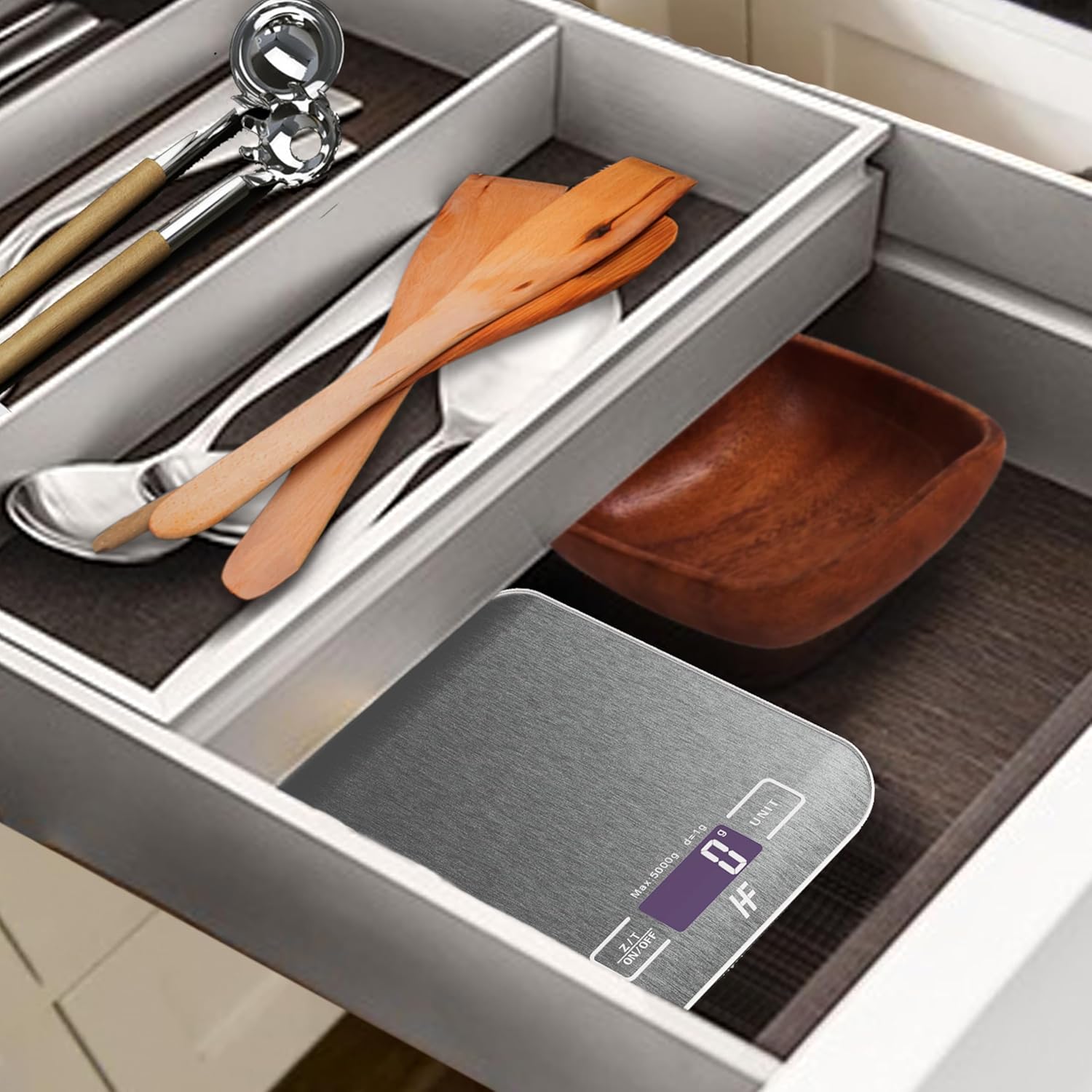 Home Fashion Digitale Küchenwaage, Lebensmittelwaage aus Edelstahl mit 5 kg Tragkraft und 1 g Präzision, Küchenwaage mit beleuchtetem LCD-Display, 5 Einheiten, Tara-Funktion, Silber – Bild 7
