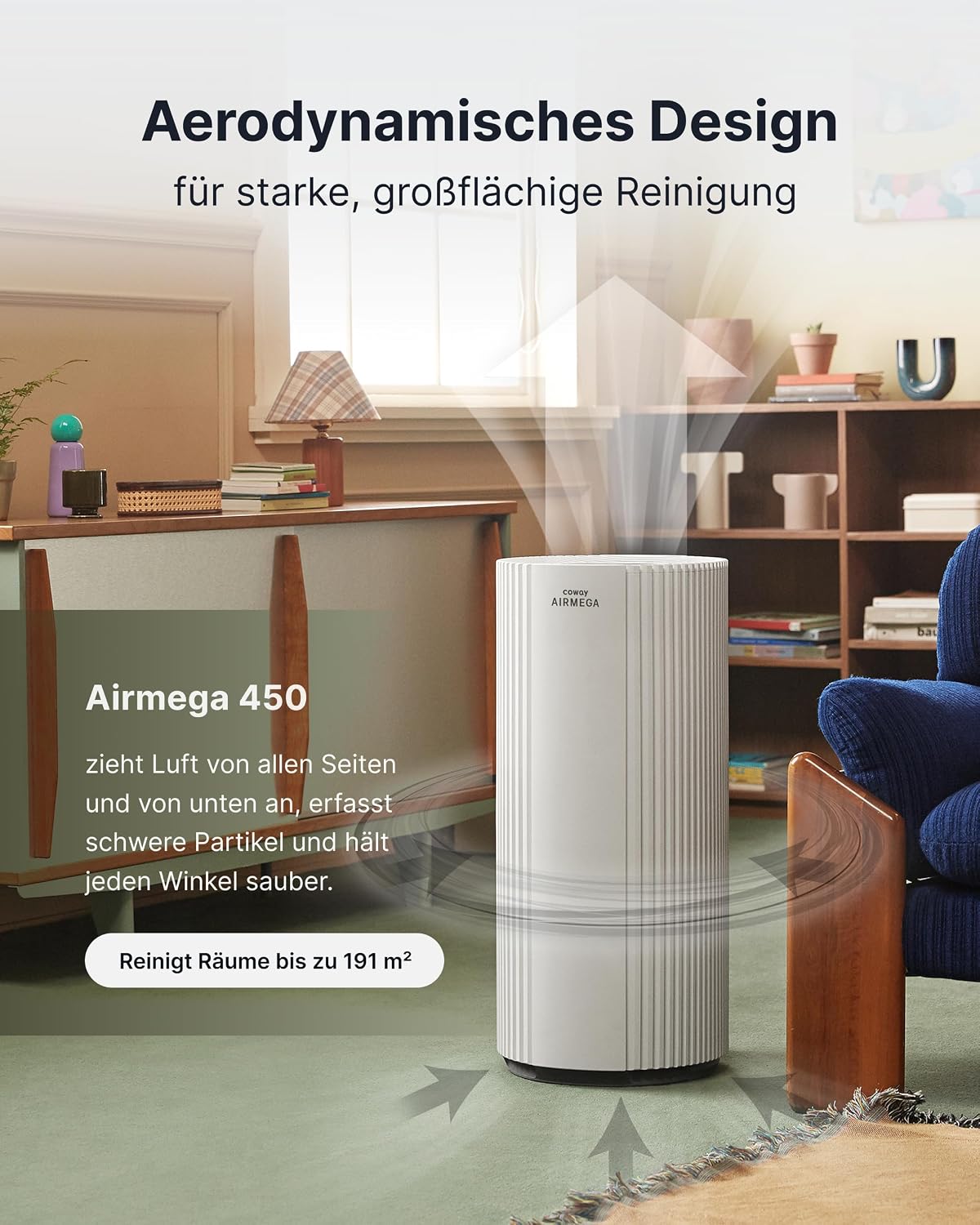 COWAY Luftreiniger für große Räume, CADR 734 m³/h, reinigt 153 m² in 30 Minuten, HEPA-Filter gegen Rauch, Allergien, Tierhaare, Gerüche, PM1/2,5/10 AQI-Display, Energiesparmodus, AIRMEGA 450 weiß – Bild 4