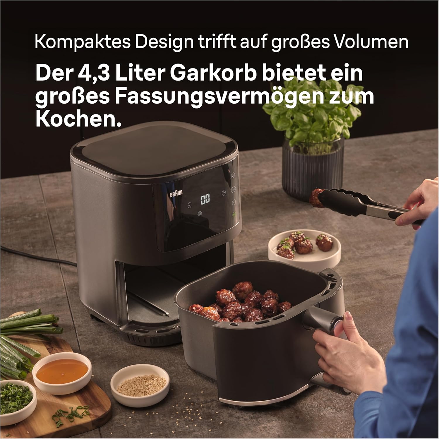 Braun MultiFry 3 HF 3030 Heißluftfritteuse, 4,3 l, 1500 W, digitale Temperaturregelung, 80-200 °C, Timer, 8 Programme, Touch-Steuerung, Antihaftbeschichtung, Garkorb & Rost, spülmaschinenfest, Schwarz – Bild 7