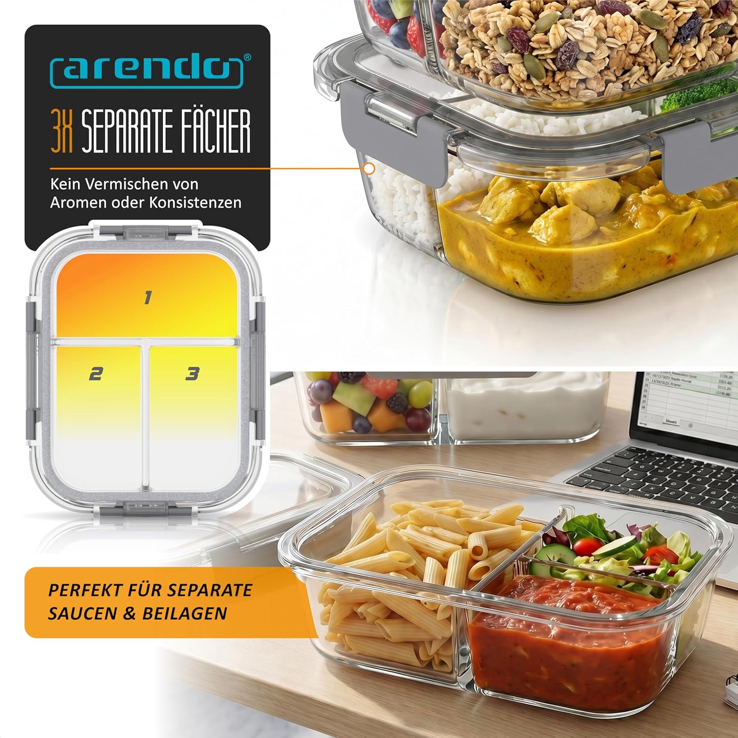 Arendo – Lunchboxen aus Glas – 3 Fächer – Frischhaltedosen mit Deckel, luftdicht – 2er-Set – 1500 ml – für Mikrowelle, Backofen, Gefrierschrank – spülmaschinenfest – Vorratsgläser für die Zubereitung von Mahlzeiten – Bild 3