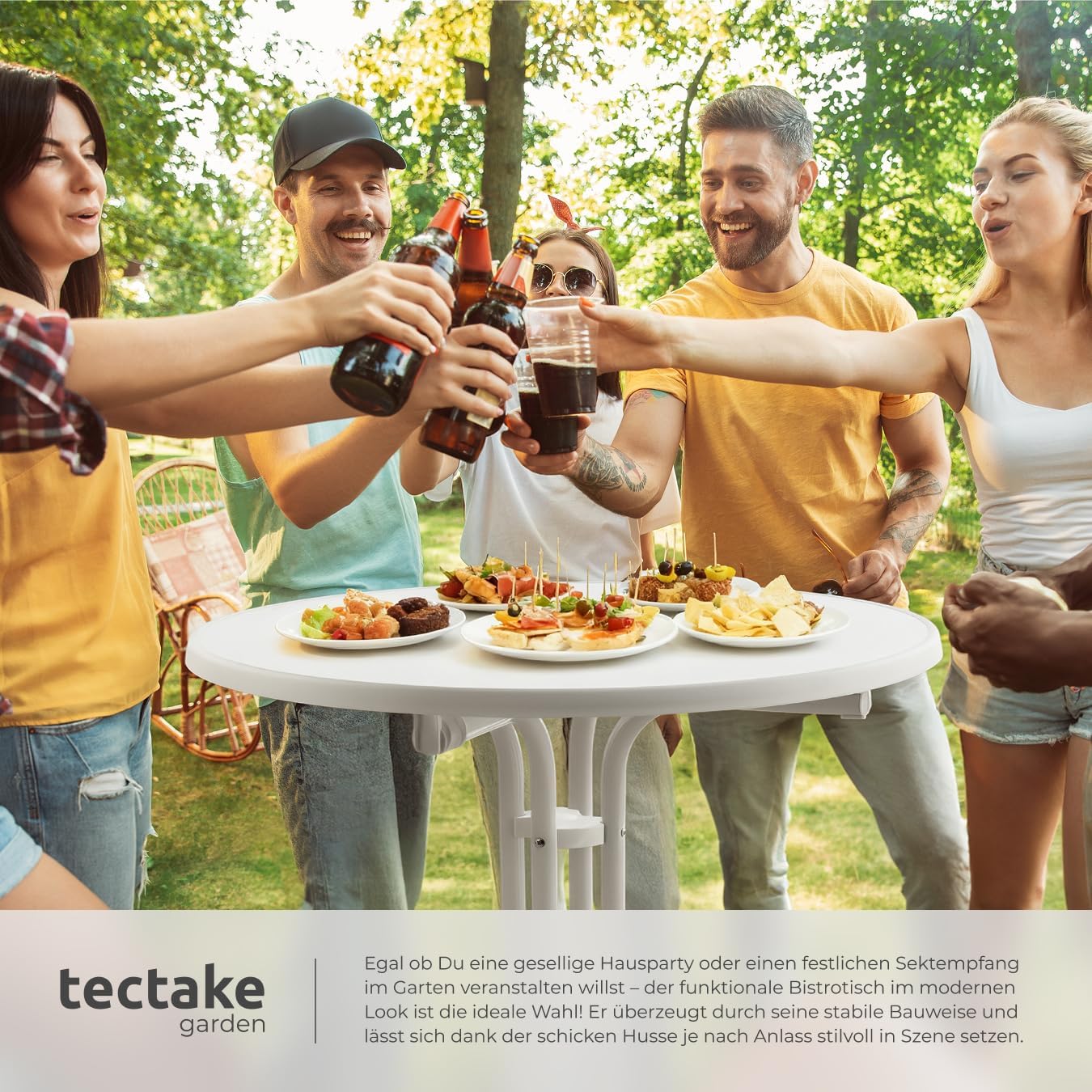 tectake Gastro-Bartisch, klappbarer Bistrotisch mit Abdeckung, Tischdurchmesser 80 cm, Bartisch mit MDF-Tischplatte, klappbarer Gartentisch, Klapptisch, rund, Stahlgestell, stabil und robust, weiß, 1 Bartisch – Bild 2