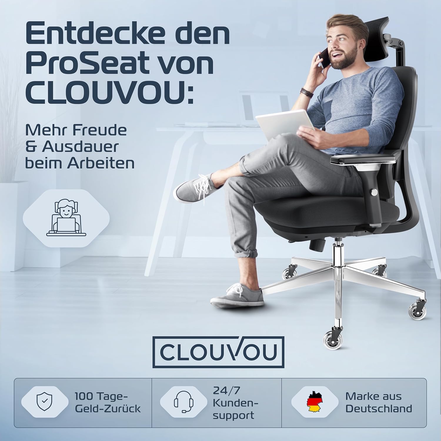 CLOUVOU ProSeat Ergonomischer Bürostuhl (Testsieger), Schreibtischstuhl, 100 % individuell verstellbar, Bürostuhl & Gaming-Stuhl, Computerstuhl, Home-Office-Stuhl, ergonomischer Drehstuhl, 150 kg – Bild 7