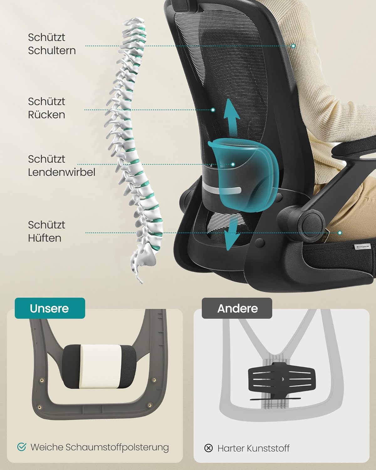 SONGMICS OBN37BK Bürostuhl, Schreibtischstuhl, Netzdrehstuhl, ergonomisch, gepolsterte Lordosenstütze, Wippe, 53 cm Sitzfläche, klappbare Armlehnen, Schwarz – Bild 4