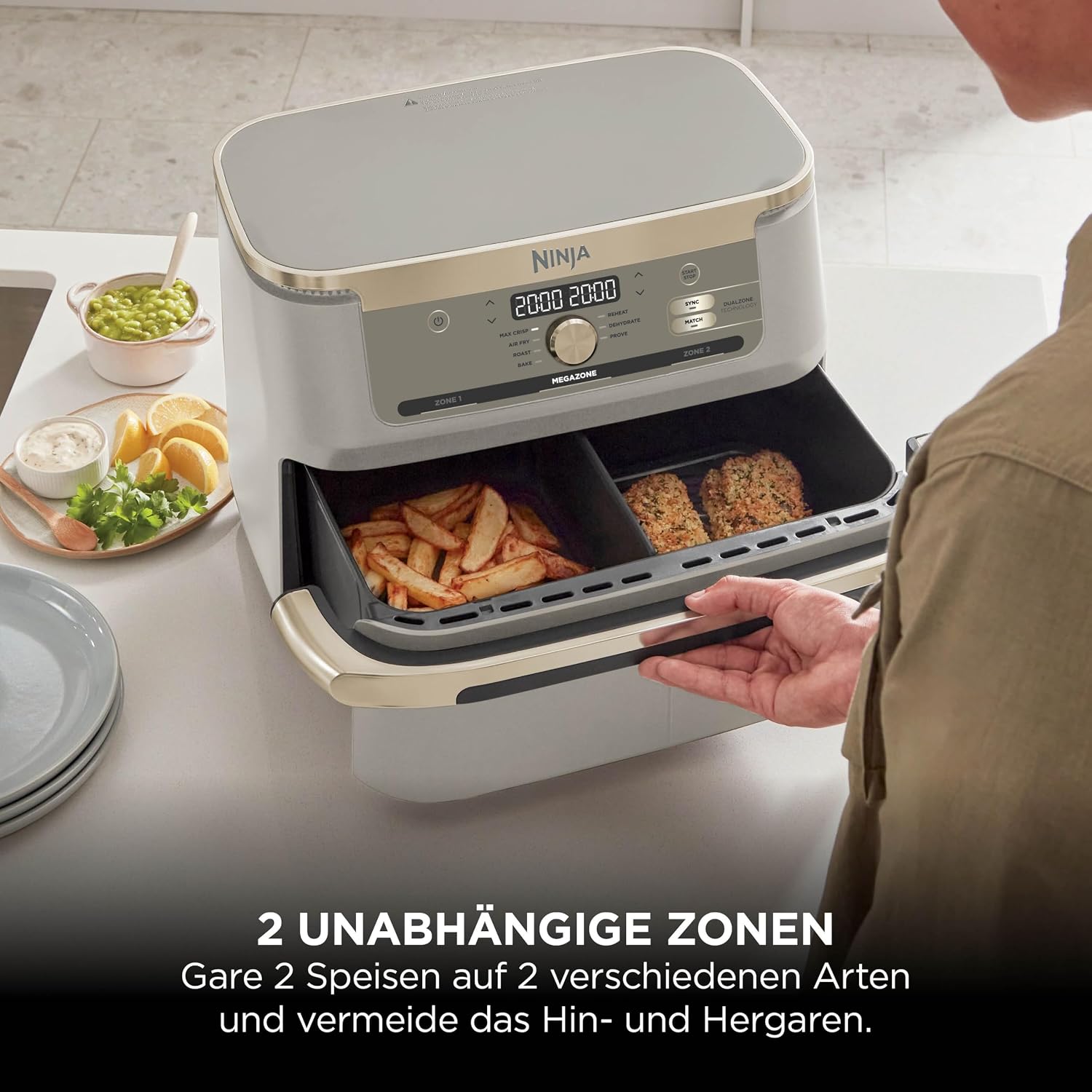 Ninja Foodi FlexDrawer Heißluftfritteuse, Dual-Zone, lässt sich in MegaZone 10,4 l umwandeln, Dual-Zone, mit wenig bis gar keinem Öl, antihaftbeschichtete, spülmaschinenfeste Teile, Stone Gold AF500EUSD – Bild 5