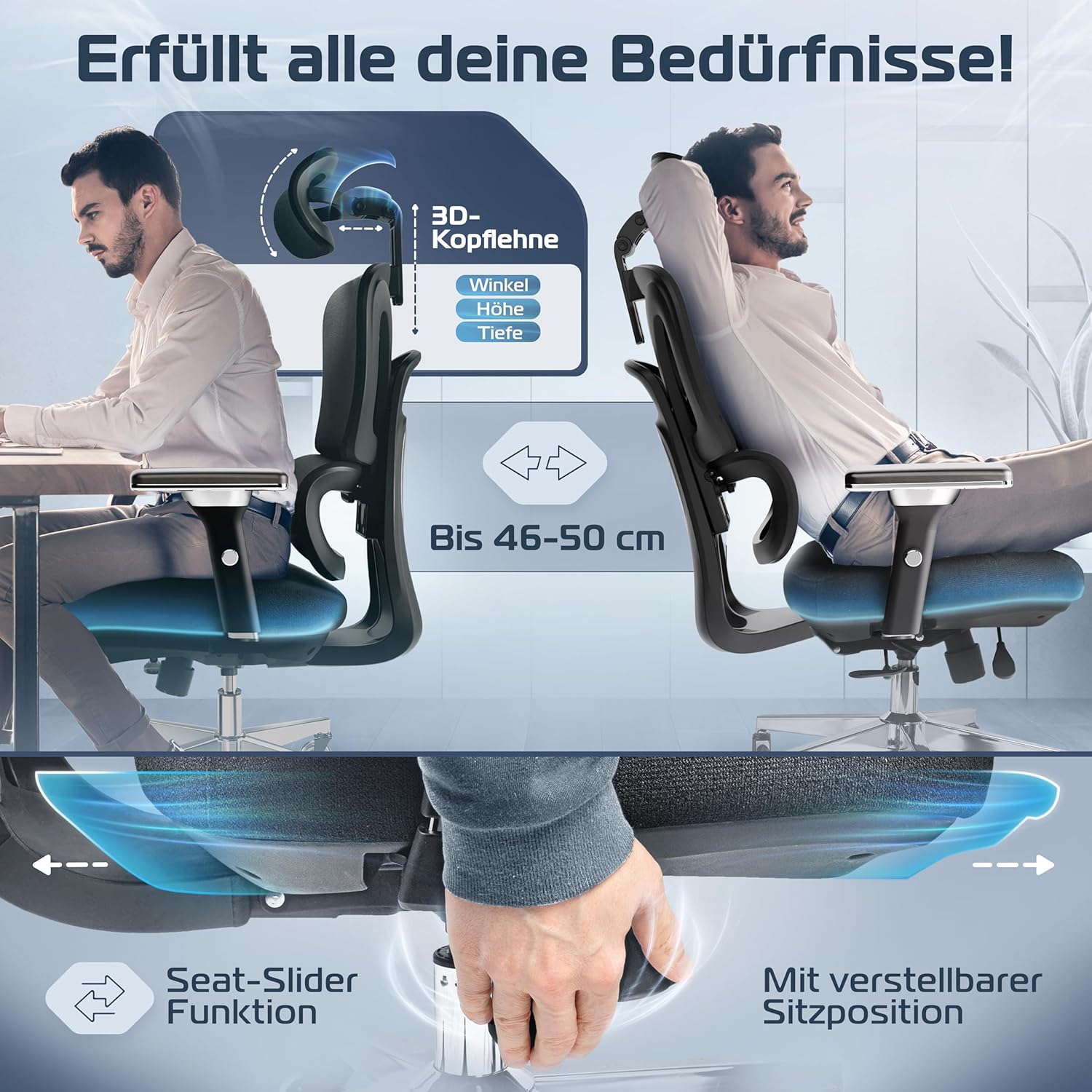 CLOUVOU ProSeat Ergonomischer Bürostuhl (Testsieger), Schreibtischstuhl, 100 % individuell verstellbar, Bürostuhl & Gaming-Stuhl, Computerstuhl, Home-Office-Stuhl, ergonomischer Drehstuhl, 150 kg – Bild 3