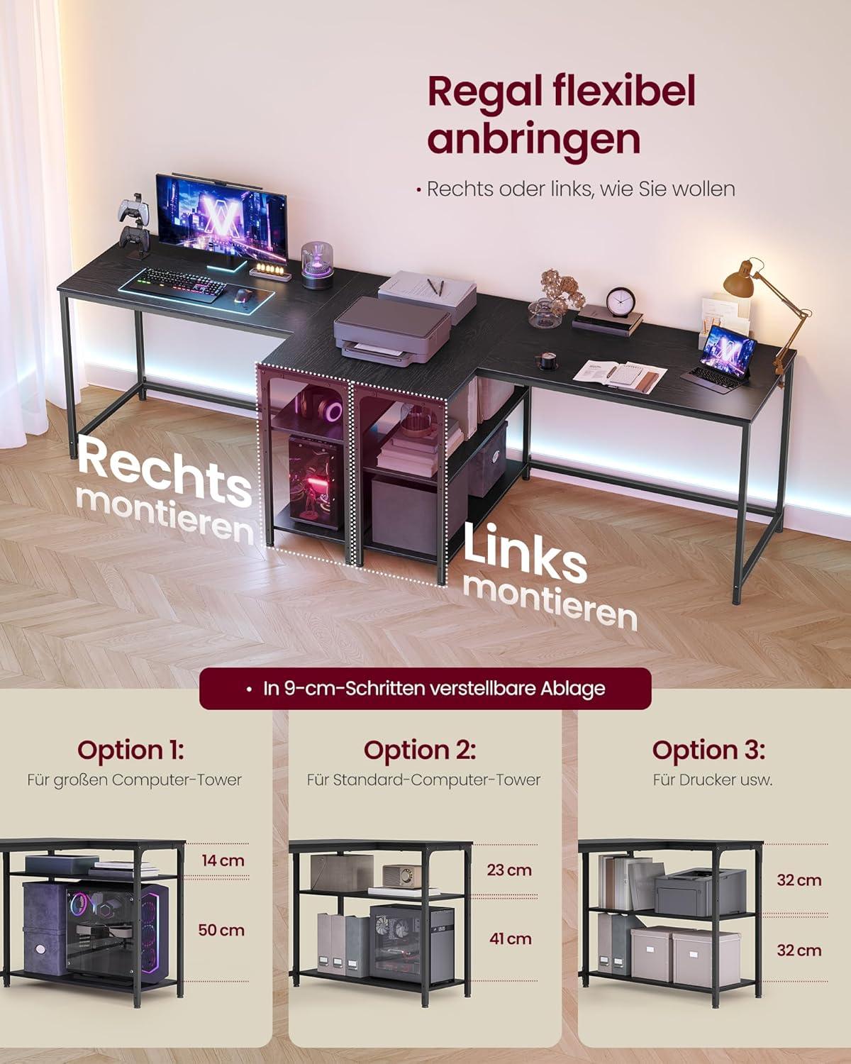 VASAGLE LWD136BE01 Eckschreibtisch, L-förmiger Computertisch mit Stauraum, Büroschreibtisch, höhenverstellbare Ablage für Heimbüro, 120 x 80 cm, Ebenholzschwarz – Bild 5