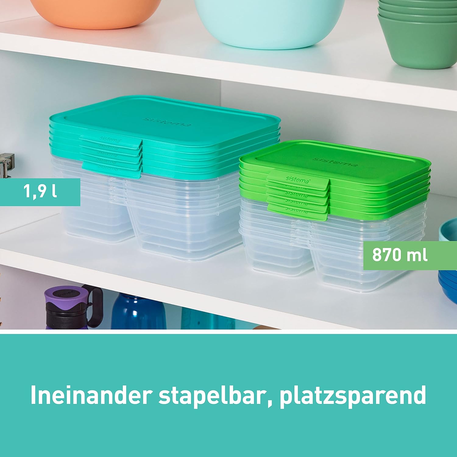 Sistema Nest IT Frischhaltedosen, Meal-Prep-Boxen | 1,9 Liter luftdichte Vorratsgläser mit drei Fächern und Deckel | Grün | 5 Stück – Bild 3