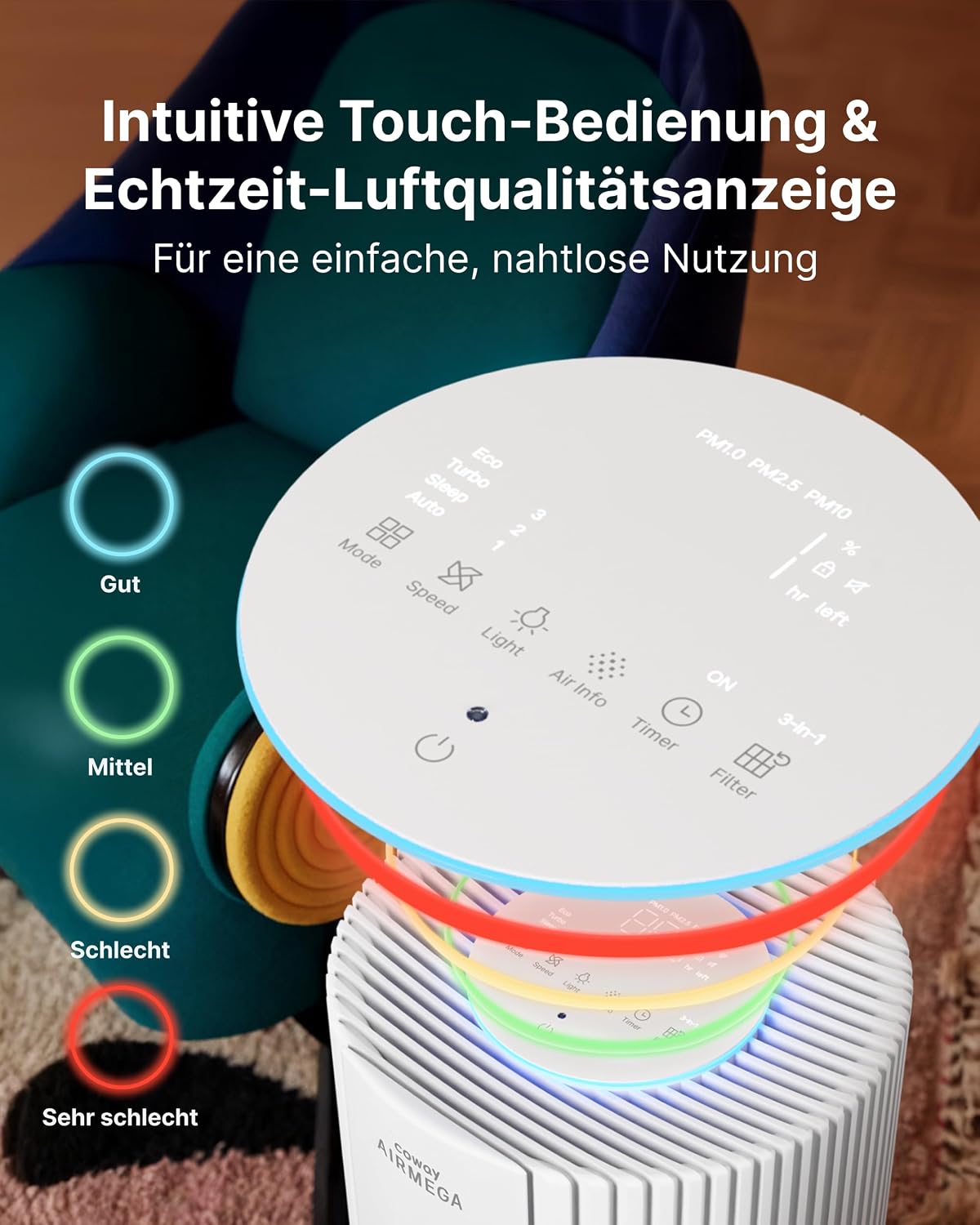 COWAY Luftreiniger für große Räume, CADR 734 m³/h, reinigt 153 m² in 30 Minuten, HEPA-Filter gegen Rauch, Allergien, Tierhaare, Gerüche, PM1/2,5/10 AQI-Display, Energiesparmodus, AIRMEGA 450 weiß – Bild 9