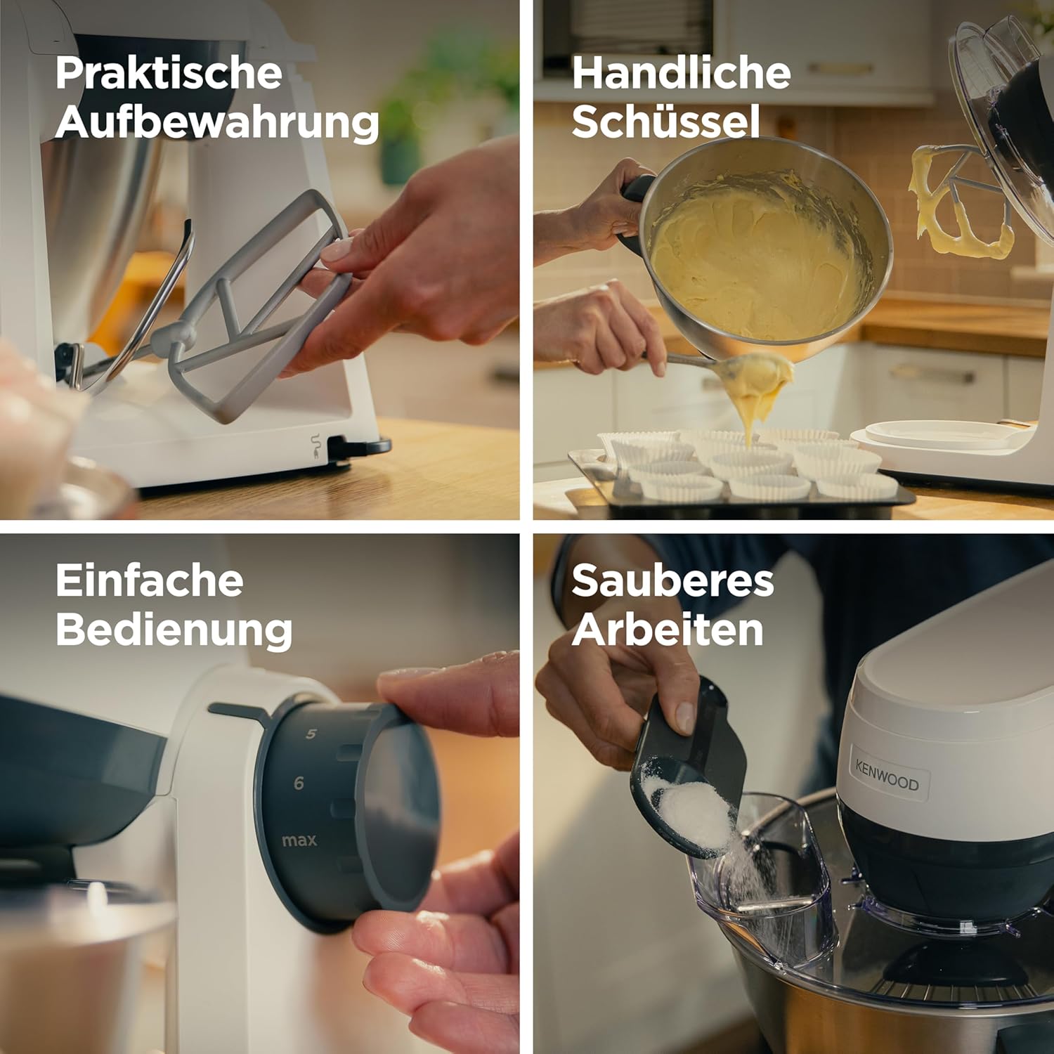 Kenwood Multi Tasker – Küchenmaschine mit Standmixer-Aufsatz, 1000-W-Motor, 44 % leise*, 4,3-l-Schüssel (1,7 kg Teig), 7 Ebenen, Rührarmlift, Zubehörfach, Spritzschutz, Weiß – Bild 4