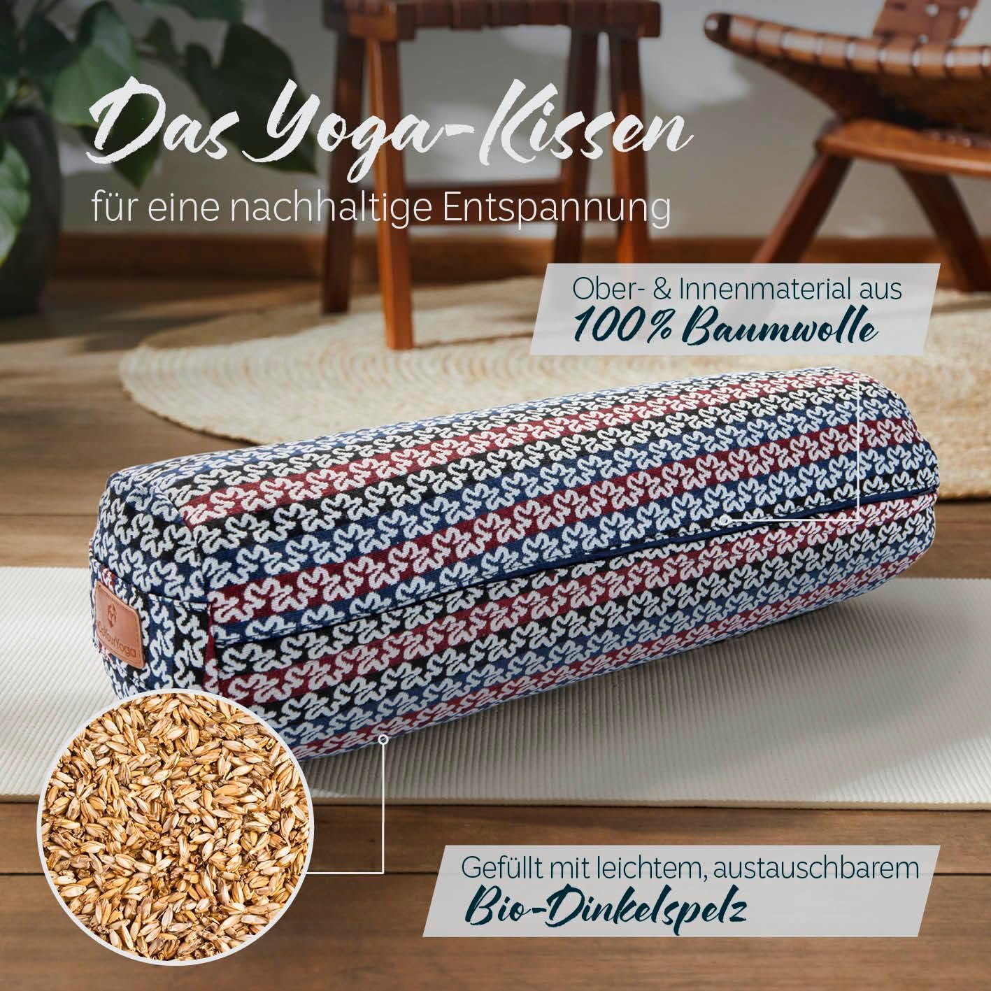 Rundes Yoga Bolster „Krishna“ mit Bio-Dinkelspelz / Länge ca. 68 cm und Durchmesser ca. 22 cm - Yogakissen / Dinkelspelzfüllung / maschinenwaschbar und hautfreundlich / Sitzkissen / Meditation – Bild 2