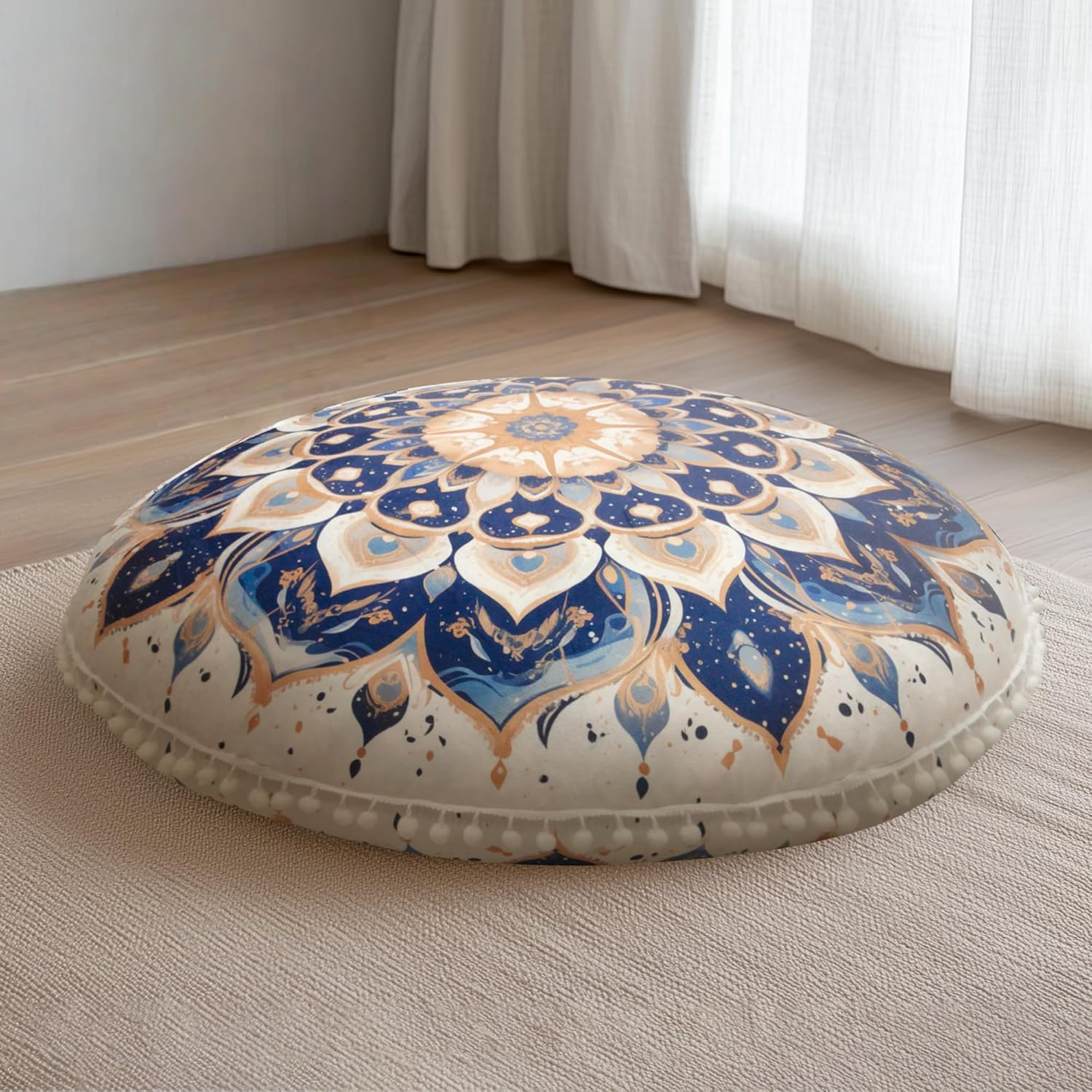 Meditations-Bodenkissen, rundes Sitzkissen mit waschbarem und abnehmbarem Bezug, 80 cm großes ergonomisches Yogakissen mit Pompon-Dekor, für den Innen- und Außenbereich, Marineblau