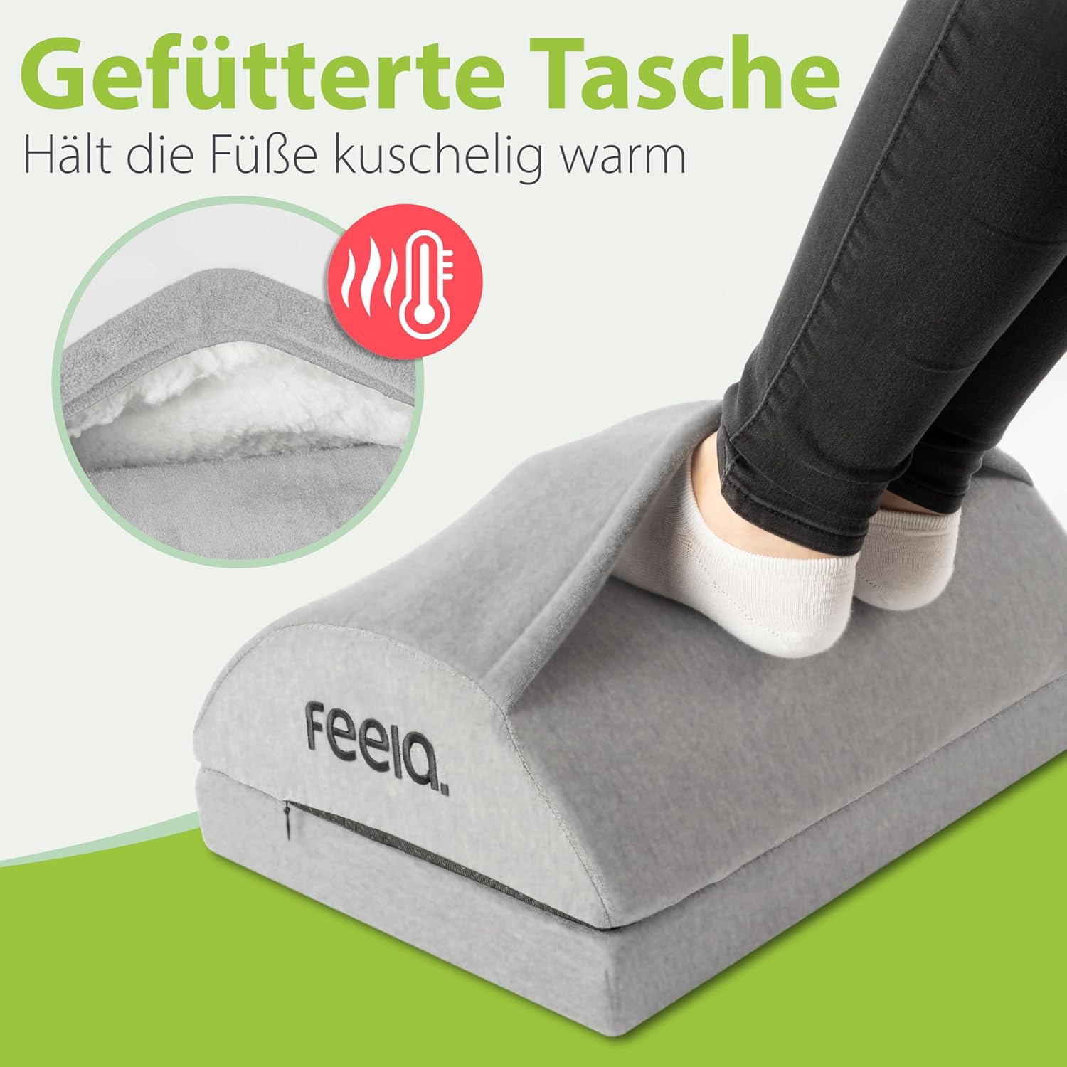Feela. Fußstützen-Schreibtisch (Vergleichssieger) – Ergonomischer Fußhocker mit Premium-Schaumstoffkern & integriertem Wärmekissen – rutschfest, höhenverstellbar, Schreibtischzubehör (Silber) – Bild 3