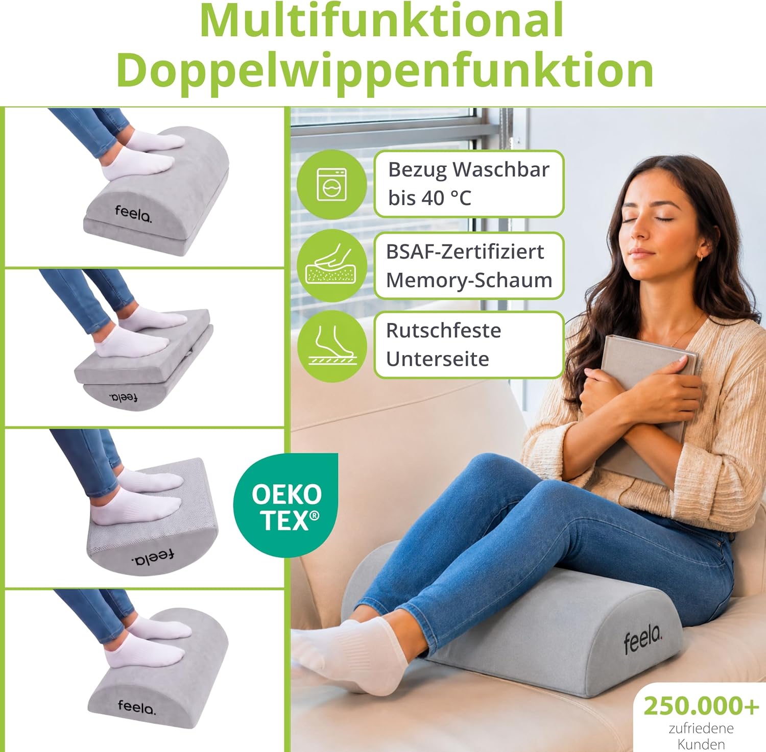 Feela. Fußstützen-Schreibtisch (Vergleichssieger) – Ergonomischer Fußhocker mit Premium-Schaumstoffkern & integriertem Wärmekissen – rutschfest, höhenverstellbar, Schreibtischzubehör (Silber) – Bild 4