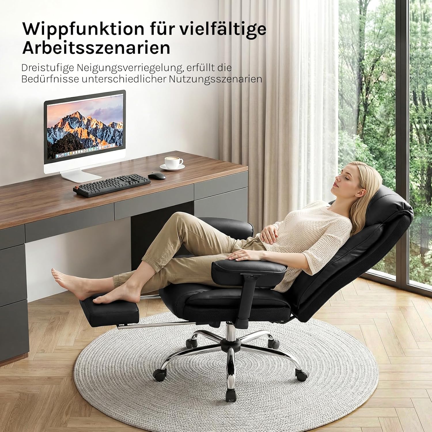 WOLTU Bürostuhl, ergonomischer Chefsessel, doppelschichtig, weiche Rückenlehne, 3-stufige Rückenlehnenverstellung mit Lordosenstütze, Fußstütze für Büro, Besprechungsraum, PU, Schwarz – Bild 6