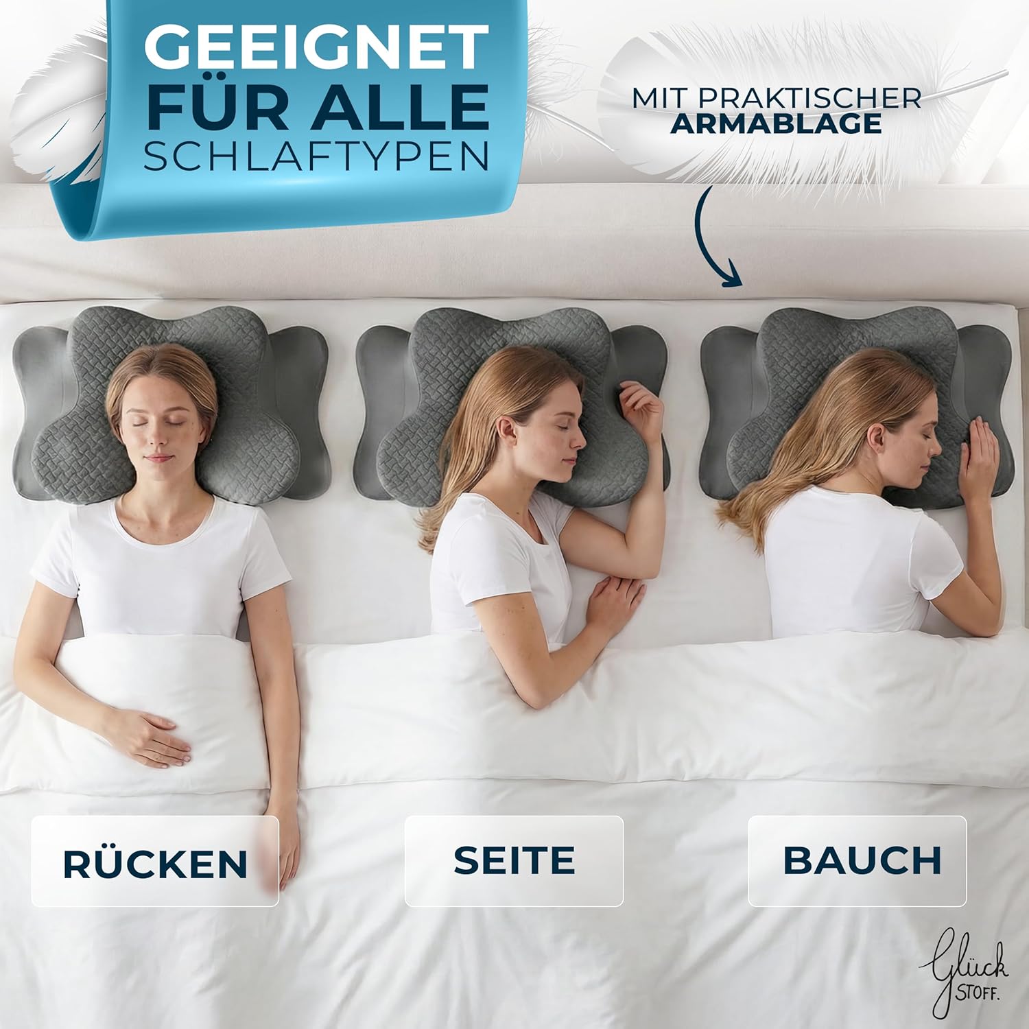 Glückstoff Ergonomisches Kissen (für alle Schlaftypen), Nackenstützkissen aus Memory-Schaum, ergonomisches Kissen, Seitenschläferkissen, grau – Bild 3