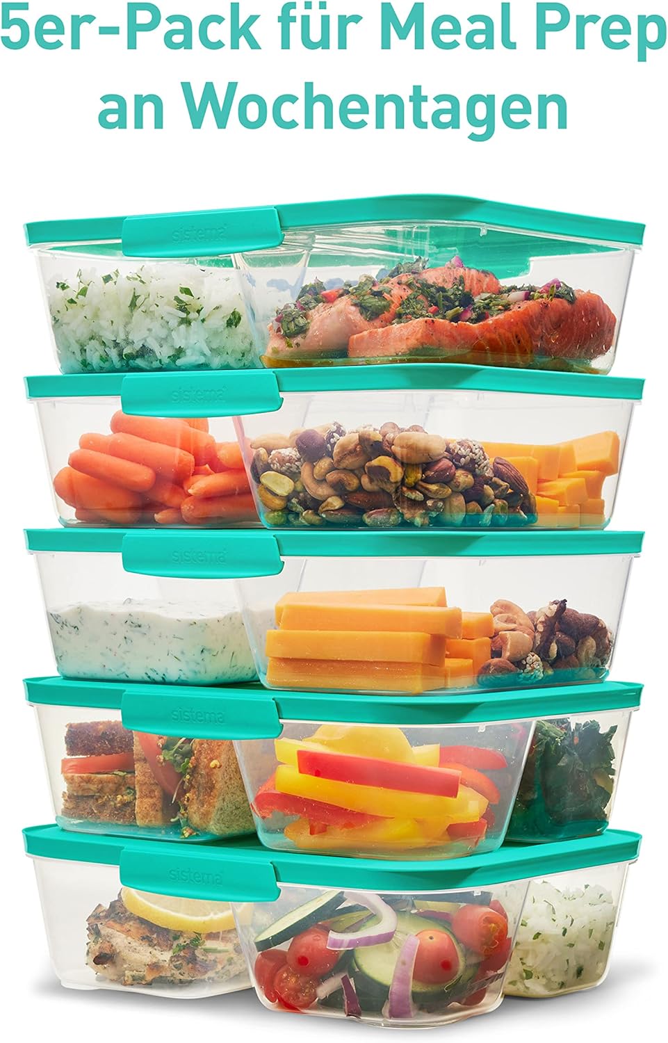 Sistema Nest IT Frischhaltedosen, Meal-Prep-Boxen | 1,9 Liter luftdichte Vorratsgläser mit drei Fächern und Deckel | Grün | 5 Stück – Bild 5