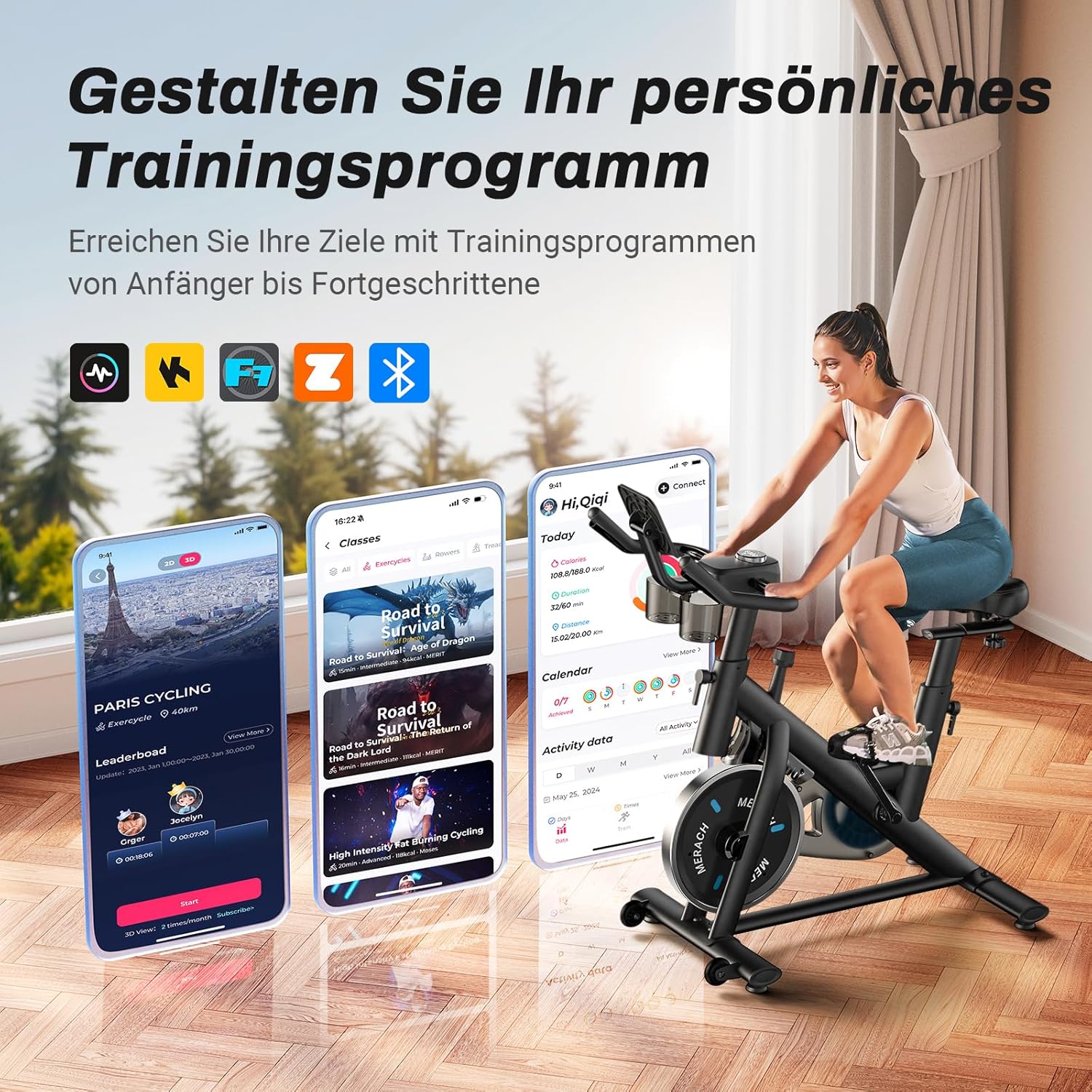MERACH Heimtrainer mit einstellbarem Widerstand, leises Heimtrainer-Fahrrad mit verbessertem LED-Monitor, Tablet-Halterung, Indoor-Cycling-Fahrrad für Cardio-Training zu Hause, eigene App, bis zu 136 kg – Bild 2