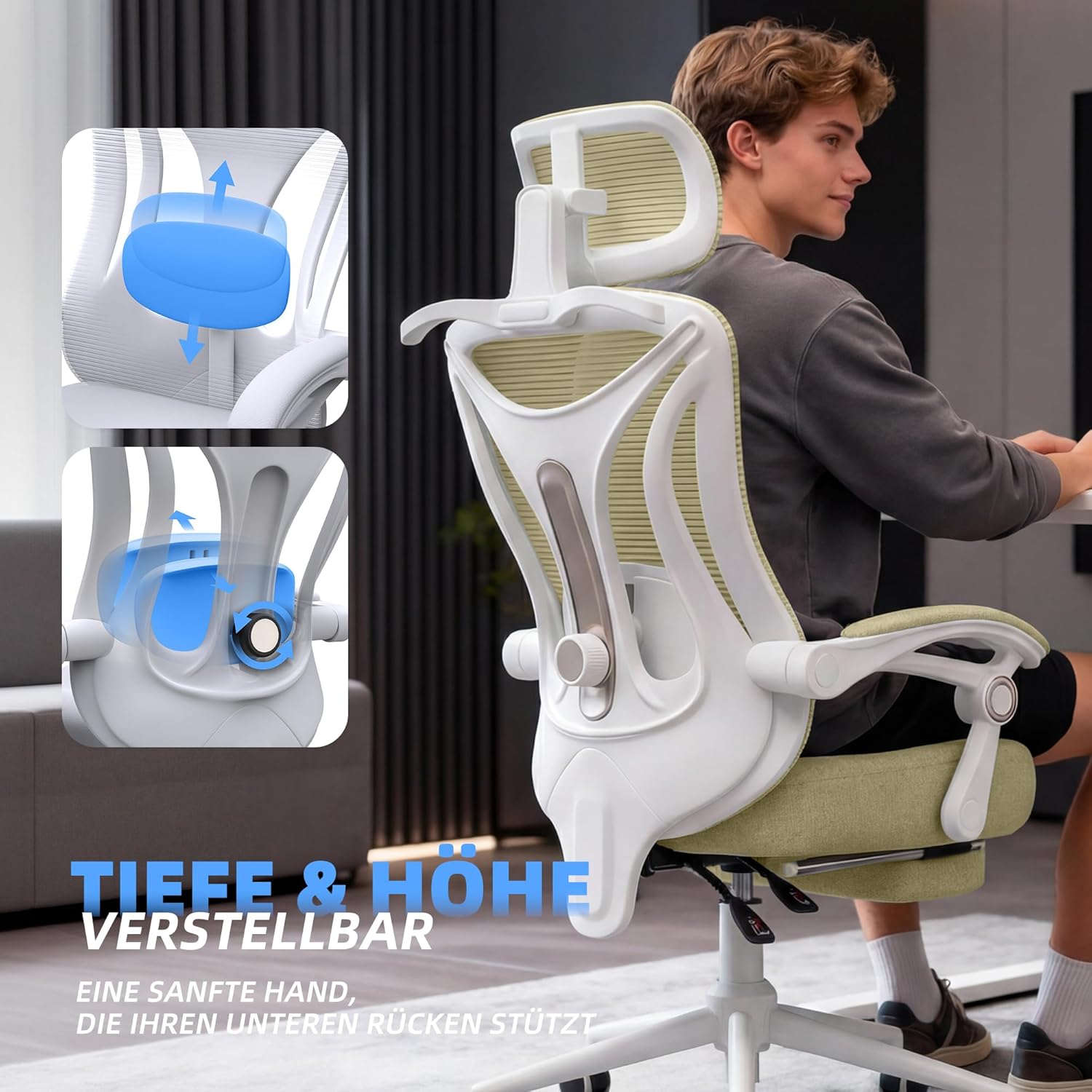 CYKOV Ergonomischer Bürostuhl mit Fußstütze, Bürostuhl & Gaming-Stuhl 150 kg+, 90-160° verstellbare Rückenlehne, verstellbare Lendenwirbelstütze und Kopfstütze, PC-Stuhl & Drehstuhl für Home Office – Bild 4