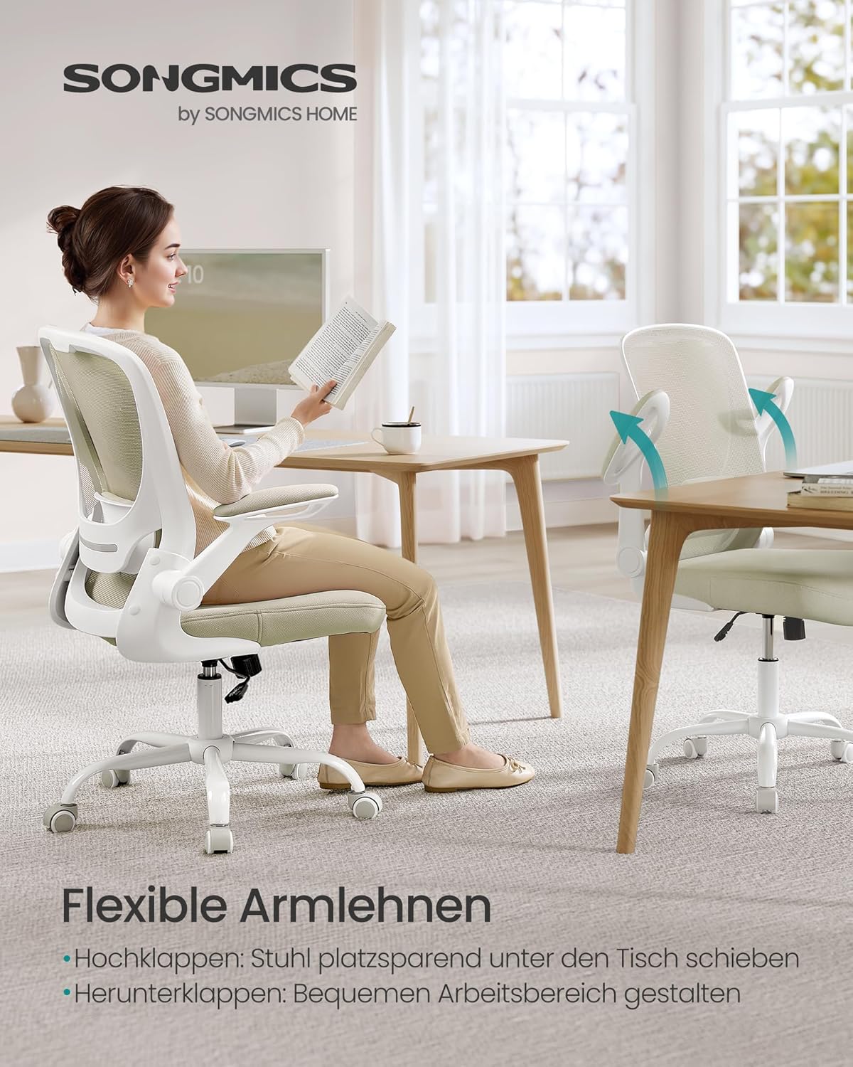 SONGMICS OBN037K02 Büro-Schreibtischstuhl, Netzdrehstuhl, ergonomisch, gepolsterte Lordosenstütze, Wippfunktion, 53 cm Sitzfläche, klappbare Armlehnen, Haferflockenbeige – Bild 6
