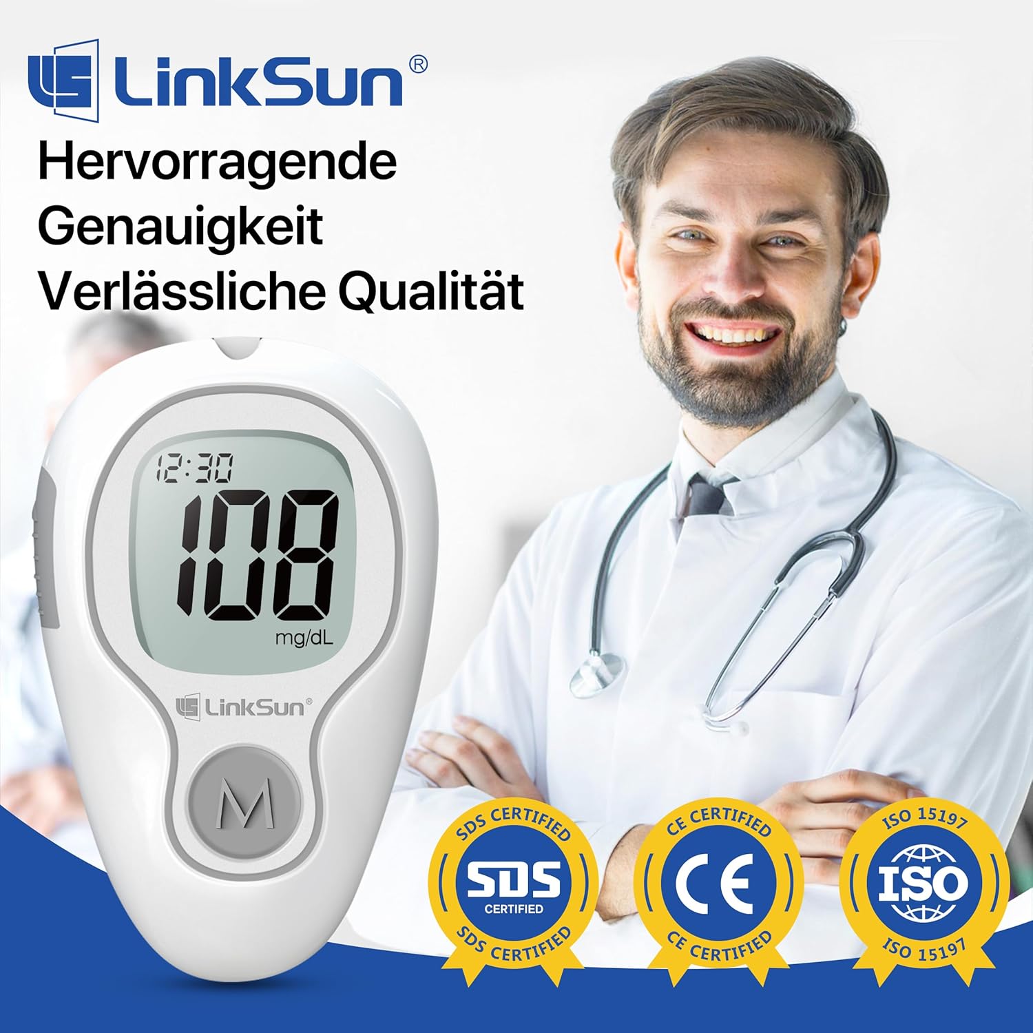 LinkSun G-425-3 Blutzuckermessgerät-Set (mg/dl) mit 100 Teststreifen, 100 Lanzetten, Stechhilfe, Glukosekontrolllösung, codefrei, mg/dl und mmol/l – Bild 2