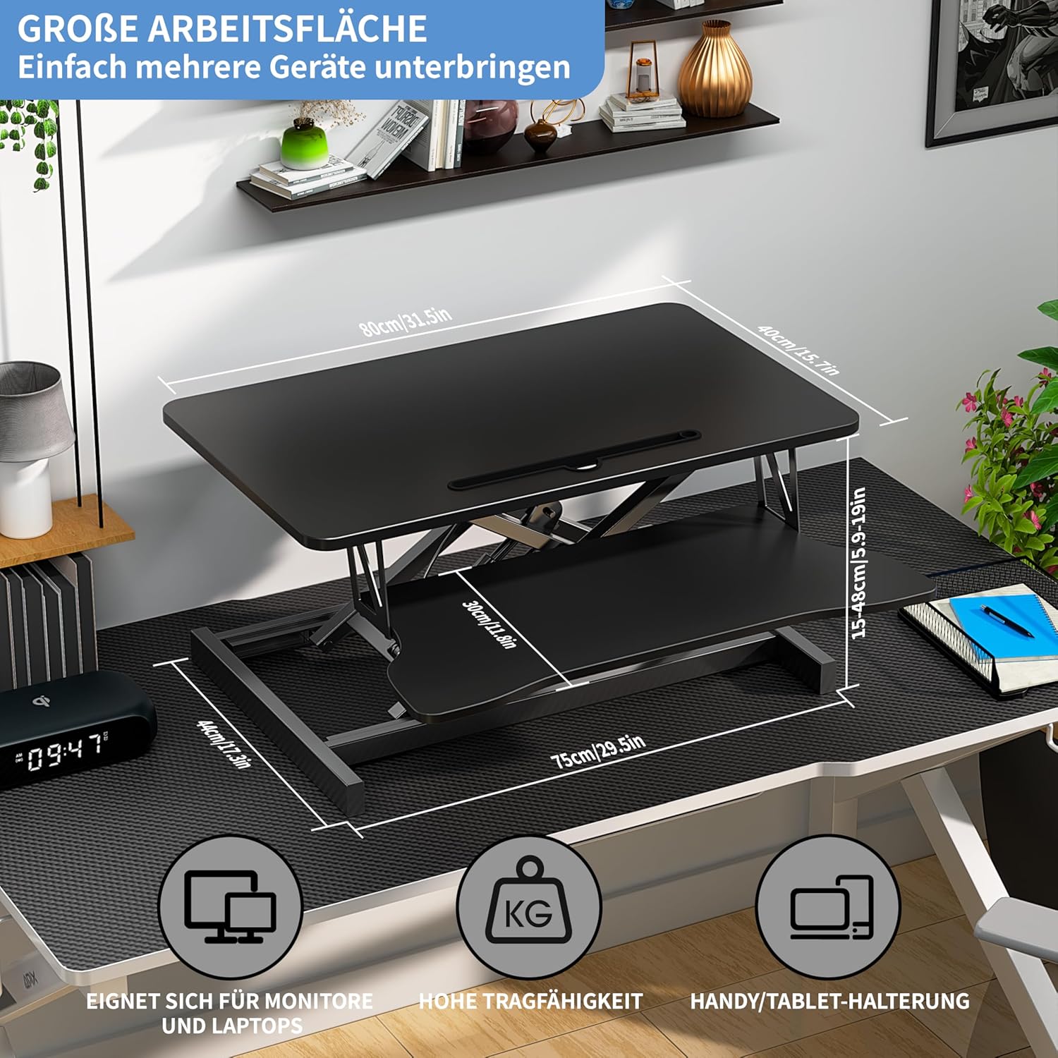 Steh-Sitz-Schreibtisch, Stehpult, Stehpult, ergonomisch höhenverstellbar, Arbeitsplatz für zwei Monitore und Laptops mit großer Tastaturablage, Steh-Sitzaufsatz für Büro (80 cm) – Bild 3