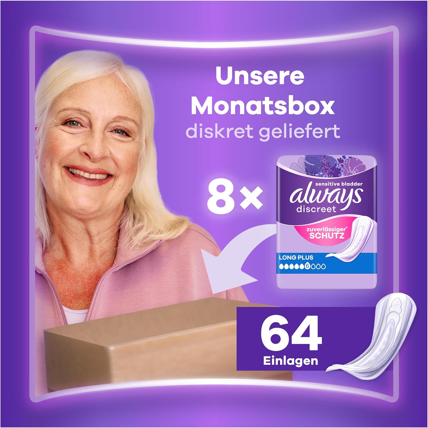 Always Discreet Long Plus Inkontinenzeinlagen, 64 Einlagen (4 x 16 Stück), Monatspackung, diskreter Schutz & hohe Saugfähigkeit, schließt Gerüche und Flüssigkeiten sofort ein (Verpackung kann variieren) – Bild 2