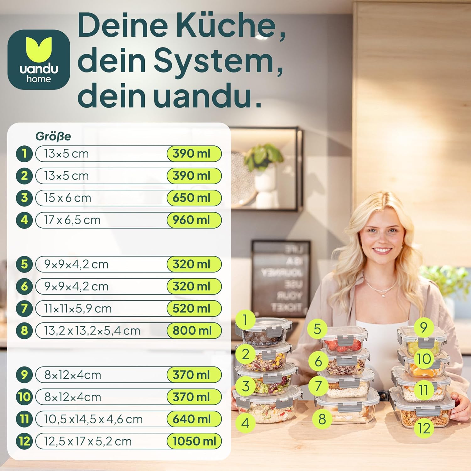 uandu Glasbehälter mit Deckel, 24-teiliges Borosilikatglas mit Deckel, Meal-Prep-Gläser, Frischhaltedosen aus Glas mit Deckel, Glasdosen mit Deckel-Set, Meal-Prep-Boxen aus Glas (12 Behälter, 12 Deckel) – Bild 2