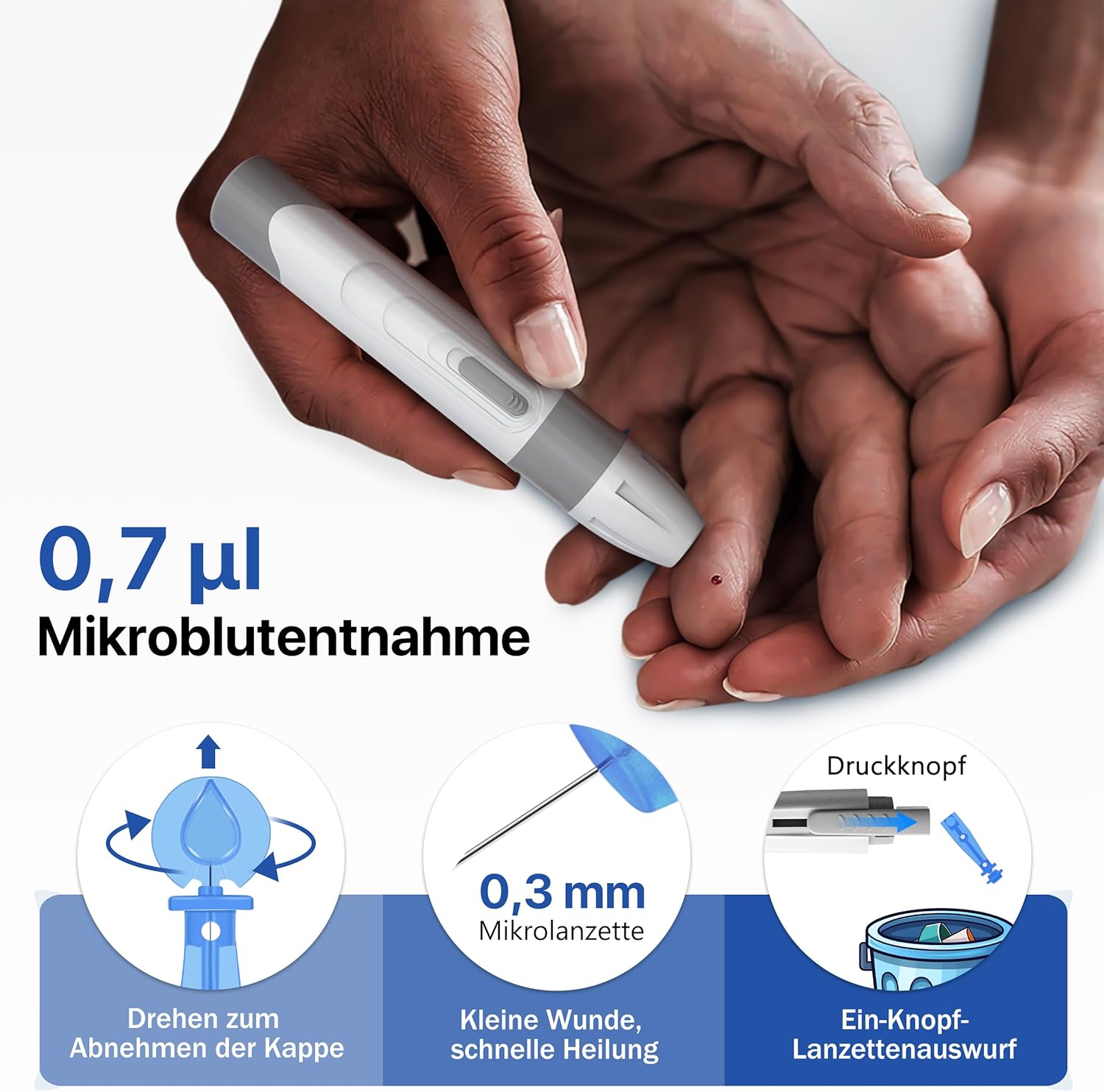 LinkSun G-425-3 Blutzuckermessgerät-Set (mg/dl) mit 100 Teststreifen, 100 Lanzetten, Stechhilfe, Glukosekontrolllösung, codefrei, mg/dl und mmol/l – Bild 5