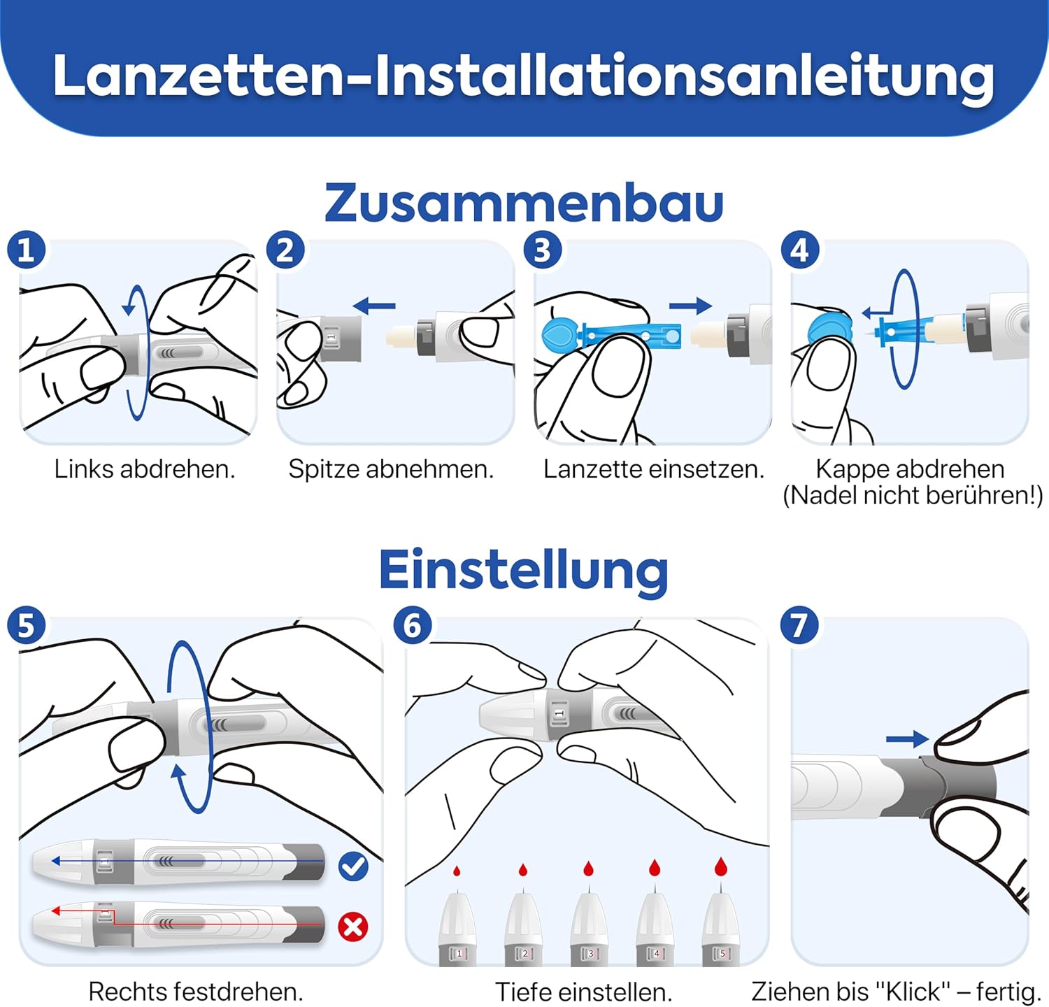 LinkSun G-425-3 Blutzuckermessgerät-Set (mg/dl) mit 100 Teststreifen, 100 Lanzetten, Stechhilfe, Glukosekontrolllösung, codefrei, mg/dl und mmol/l – Bild 6
