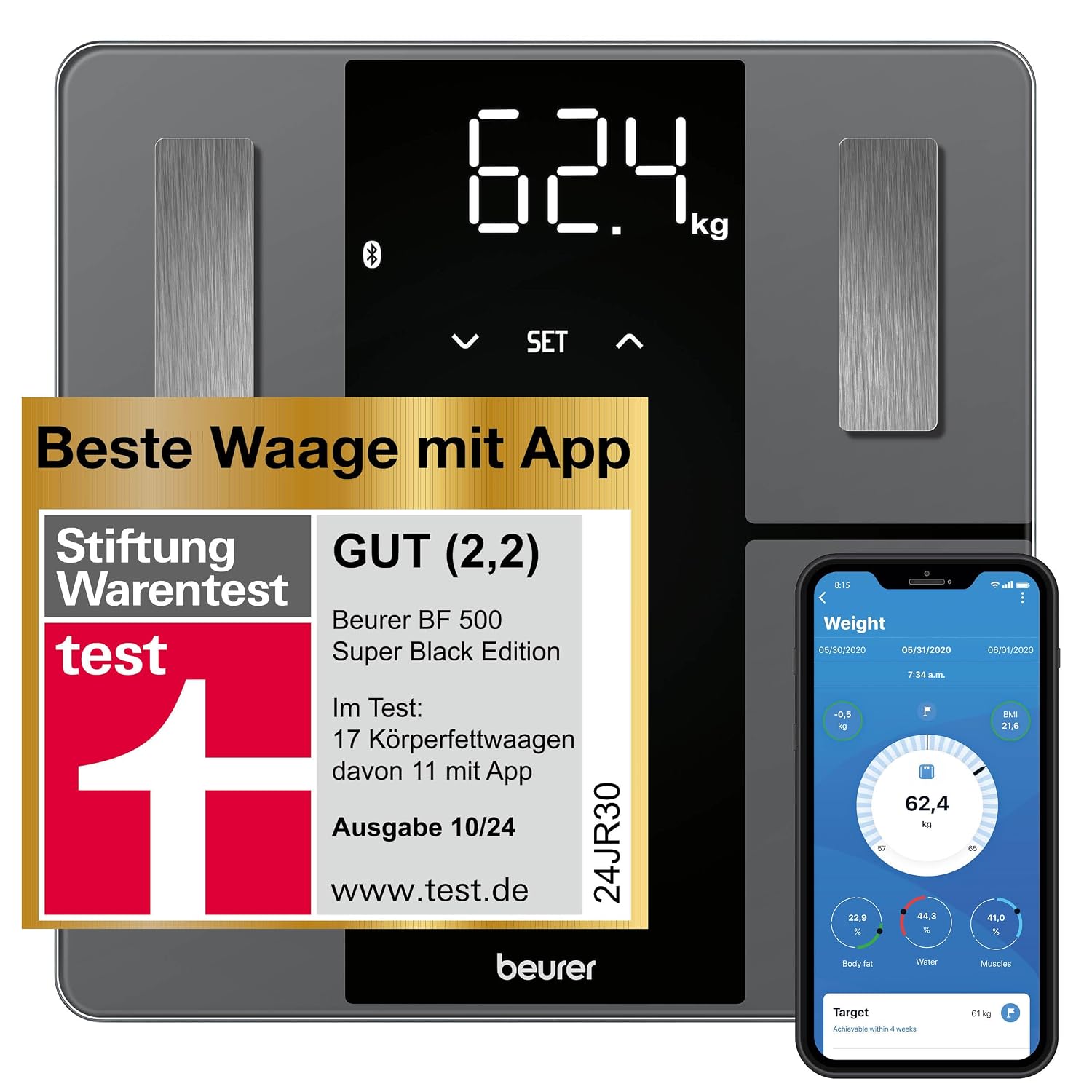 Beurer BF 500 Diagnosewaage mit Bluetooth, digitale Körperwaage mit App, Ermittlung und Analyse von Körperwerten, Messung von Körperfett- und Muskelanteil, extragroßes Display