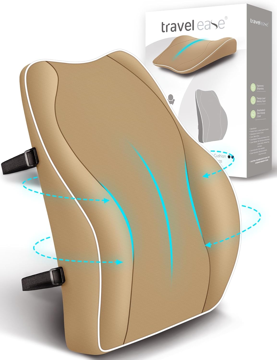 Travel Ease Ergonomisches Memory Foam Rückenkissen, Lendenkissen für Bürostuhl, Schreibtischstuhl, mit antistatischem, hautfreundlichem Bezug und für eine bequeme Sitzhaltung (Khaki)