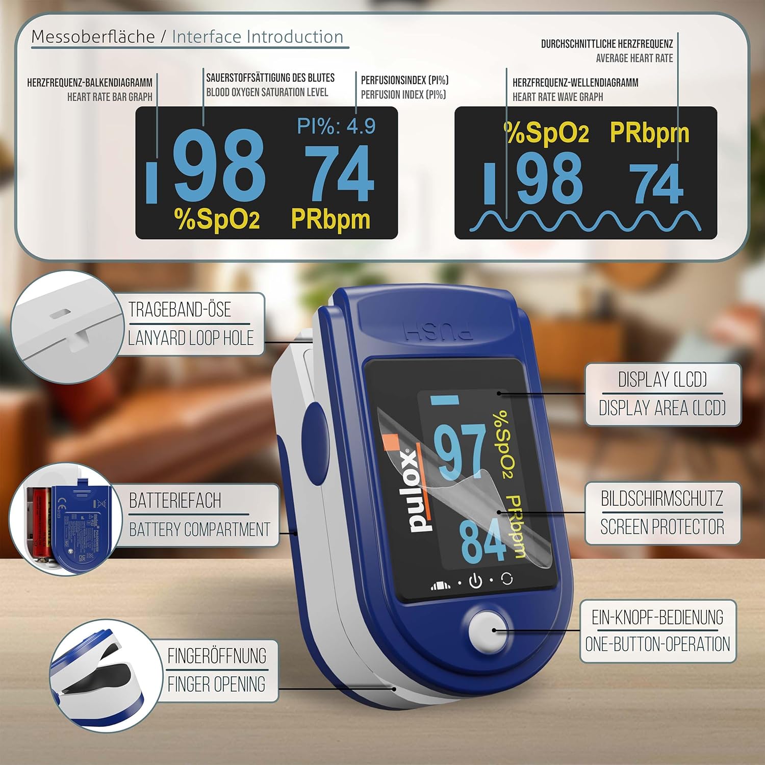 Pulsoximeter PULOX PO-200 Solo Fingerpulsoximeter zur Messung von Puls und Sauerstoffsättigung am Finger | Mit Präzisionsanzeige zur zuverlässigen Kontrolle von Sauerstoffsättigung, Herzfrequenz und Perfusionsindex – Bild 2