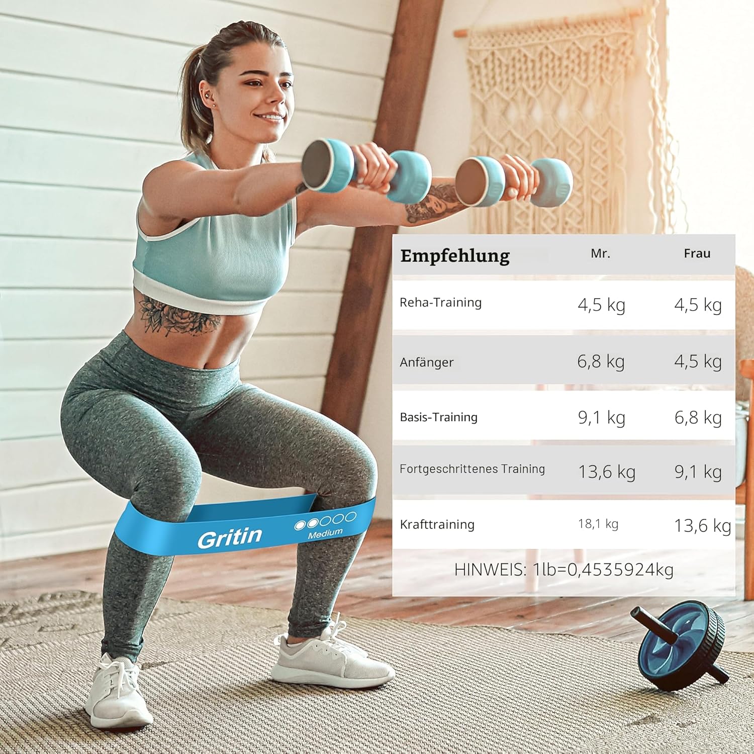 Gritin Fitnessbänder (5er Set) Widerstandsbänder mit 5 Stufen, 100% Latex Fitnessband Widerstand mit deutscher Übungsanleitung und Tragetasche, Gymnastikband für Muskelaufbau, Yoga – Bild 5