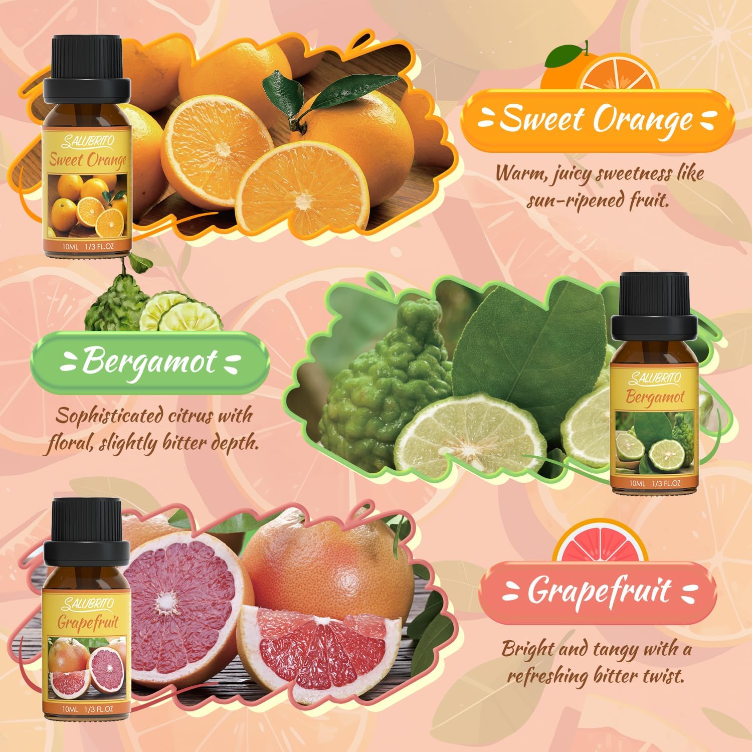 SALUBRITO Set mit ätherischen Zitrusölen, natürliche Zitrusdüfte, Duftöle für den Diffusor – Aromatherapieöl aus Süßorange, Bergamotte, Grapefruit, Zitrone, Mandarine und Limette – Bild 3