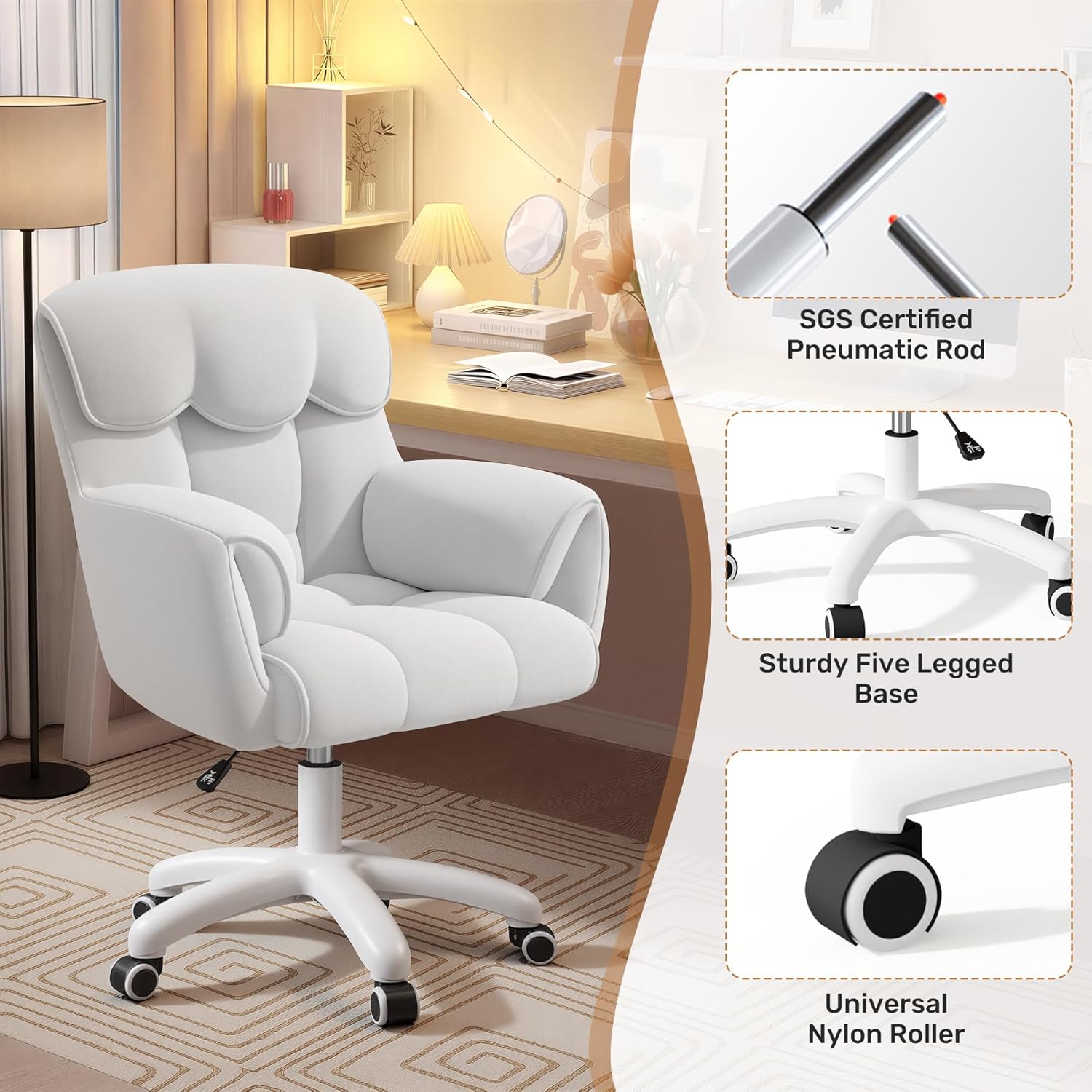 Ergonomischer Bürostuhl, höhenverstellbarer Schreibtischstuhl mit Armlehnen, 360° drehbar, Samtbezug, für Home Office und Büro, belastbar bis 150 kg, weiß – Bild 5