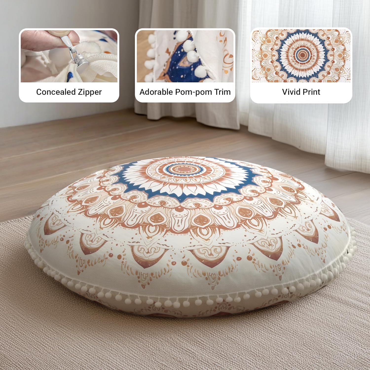 Meditations-Bodenkissen, rundes Sitzkissen mit waschbarem und abnehmbarem Bezug, 80 cm großes ergonomisches Yogakissen mit Pompon-Dekor, für den Innen- und Außenbereich, Marineblau – Bild 4