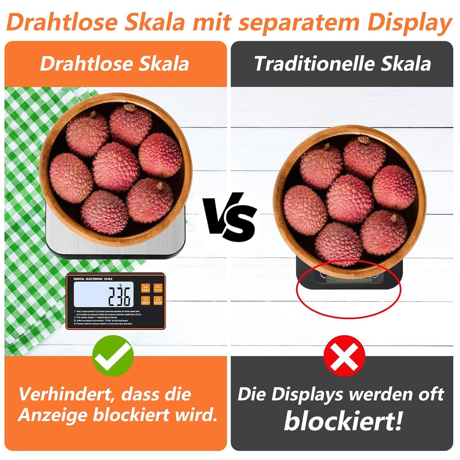 Digitale Küchenwaage 15 kg/1 g mit abnehmbarem Display, Edelstahloberfläche, mit separatem LCD-Display, zum Kochen, Backen, Essenszubereiten – Bild 3