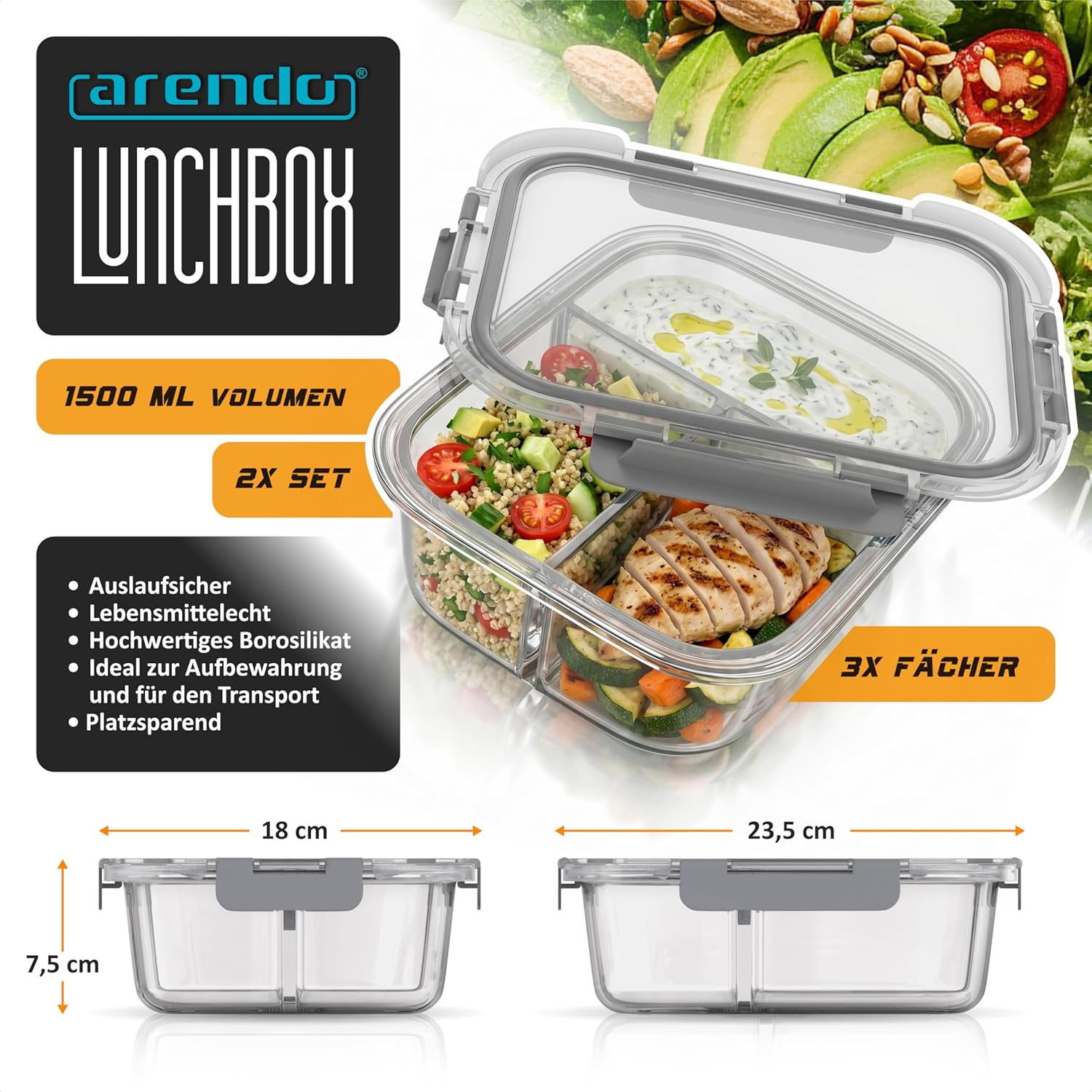 Arendo – Lunchboxen aus Glas – 3 Fächer – Frischhaltedosen mit Deckel, luftdicht – 2er-Set – 1500 ml – für Mikrowelle, Backofen, Gefrierschrank – spülmaschinenfest – Vorratsgläser für die Zubereitung von Mahlzeiten – Bild 2