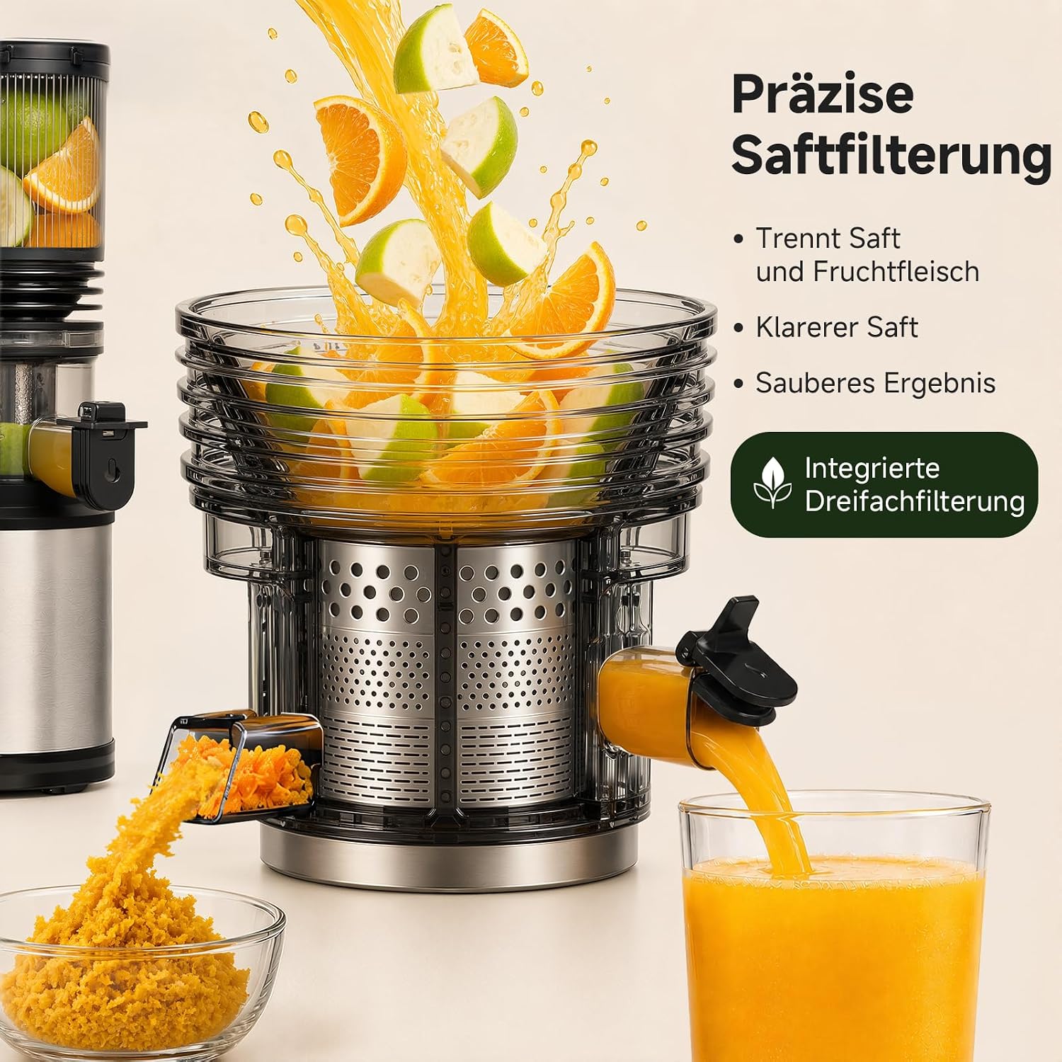 AMZCHEF Entsafter – Langsamer Entsafter mit 158 mm Einfüllschacht für ganzes Gemüse und Obst, leicht zu reinigen, Kaltpress-Entsafter mit Saft- und Tresterbecher, hohe Saftausbeute, Silber/Schwarz – Bild 2