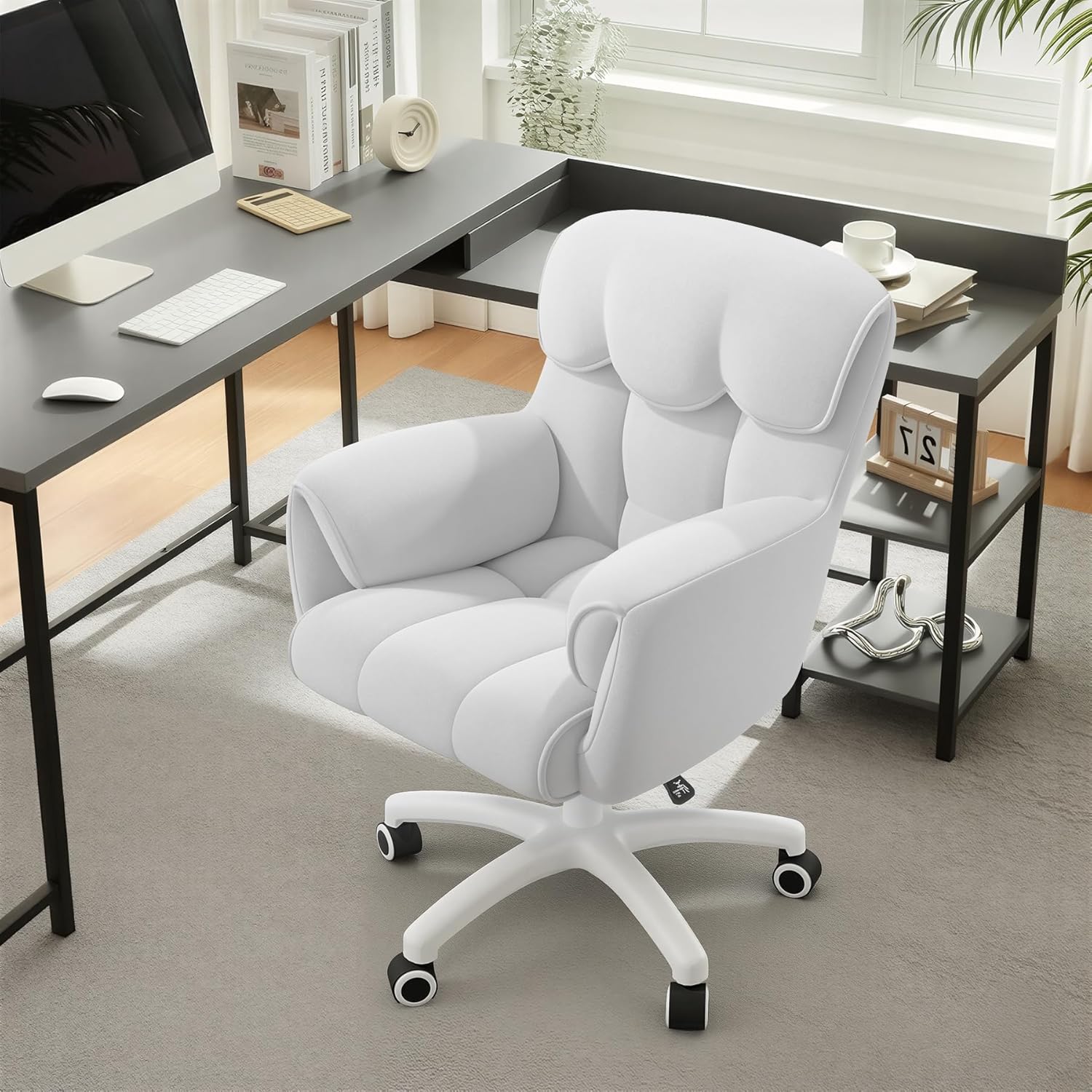 Ergonomischer Bürostuhl, höhenverstellbarer Schreibtischstuhl mit Armlehnen, 360° drehbar, Samtbezug, für Home Office und Büro, belastbar bis 150 kg, weiß – Bild 7