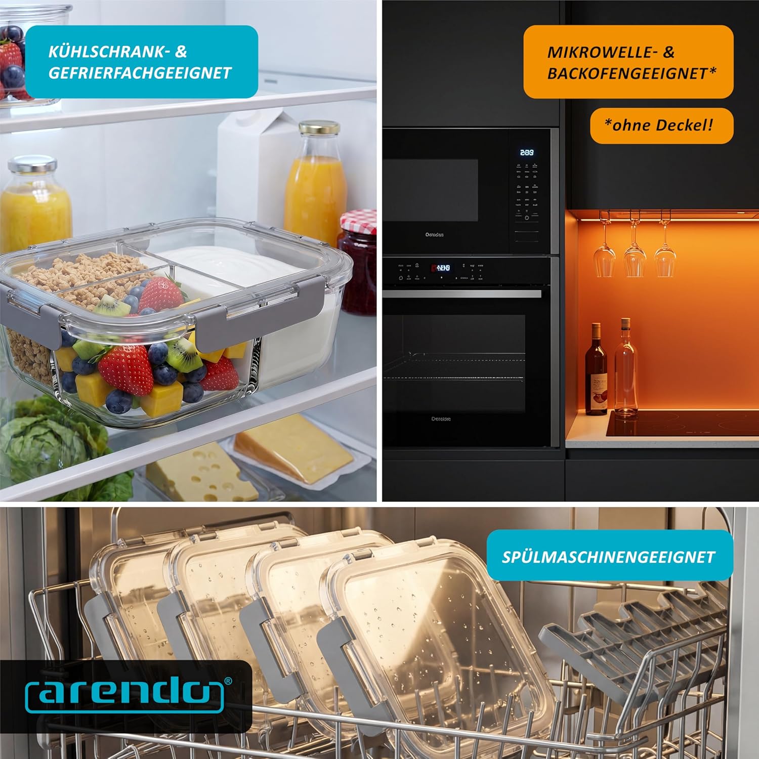 Arendo – Lunchboxen aus Glas – 3 Fächer – Frischhaltedosen mit Deckel, luftdicht – 2er-Set – 1500 ml – für Mikrowelle, Backofen, Gefrierschrank – spülmaschinenfest – Vorratsgläser für die Zubereitung von Mahlzeiten – Bild 7