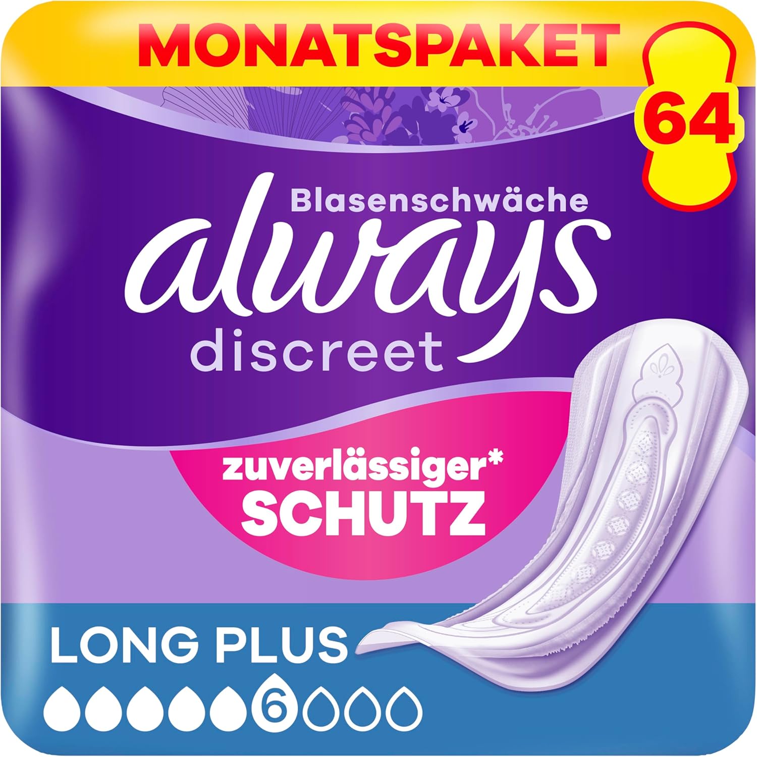 Always Discreet Long Plus Inkontinenzeinlagen, 64 Einlagen (4 x 16 Stück), Monatspackung, diskreter Schutz & hohe Saugfähigkeit, schließt Gerüche und Flüssigkeiten sofort ein (Verpackung kann variieren)