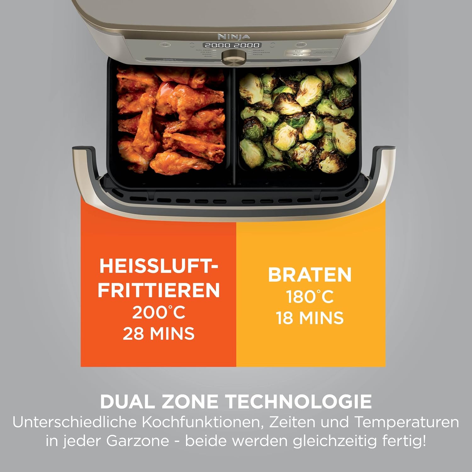 Ninja Foodi FlexDrawer Heißluftfritteuse, Dual-Zone, lässt sich in MegaZone 10,4 l umwandeln, Dual-Zone, mit wenig bis gar keinem Öl, antihaftbeschichtete, spülmaschinenfeste Teile, Stone Gold AF500EUSD – Bild 6