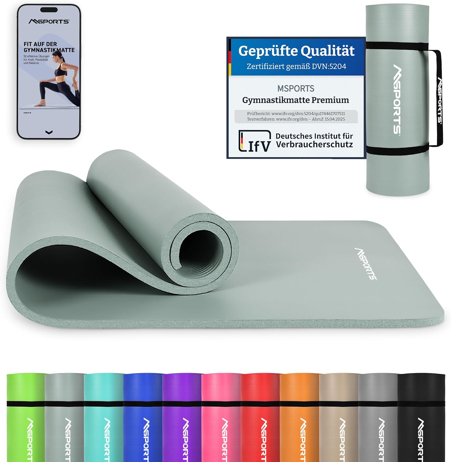 MSports Premium Gymnastikmatte inklusive Tragegurt + Übungsposter + Workout-App – hautfreundliche Fitnessmatte, 190 x 60, 80 oder 100 x 1,5 cm, verschiedene Farben, phthalatfreie Yogamatte, 190 x 80 x 1,5 cm