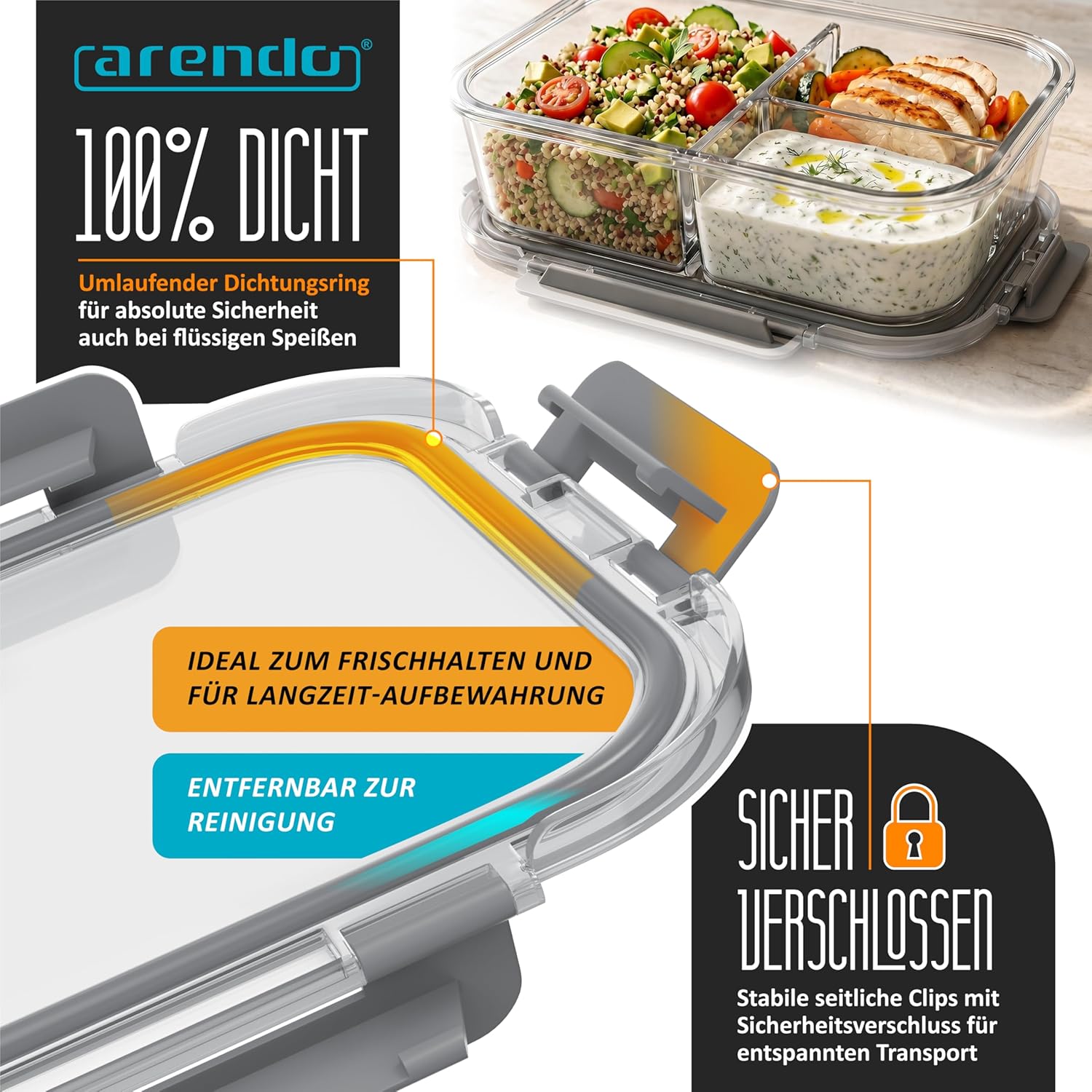 Arendo – Lunchboxen aus Glas – 3 Fächer – Frischhaltedosen mit Deckel, luftdicht – 2er-Set – 1500 ml – für Mikrowelle, Backofen, Gefrierschrank – spülmaschinenfest – Vorratsgläser für die Zubereitung von Mahlzeiten – Bild 6